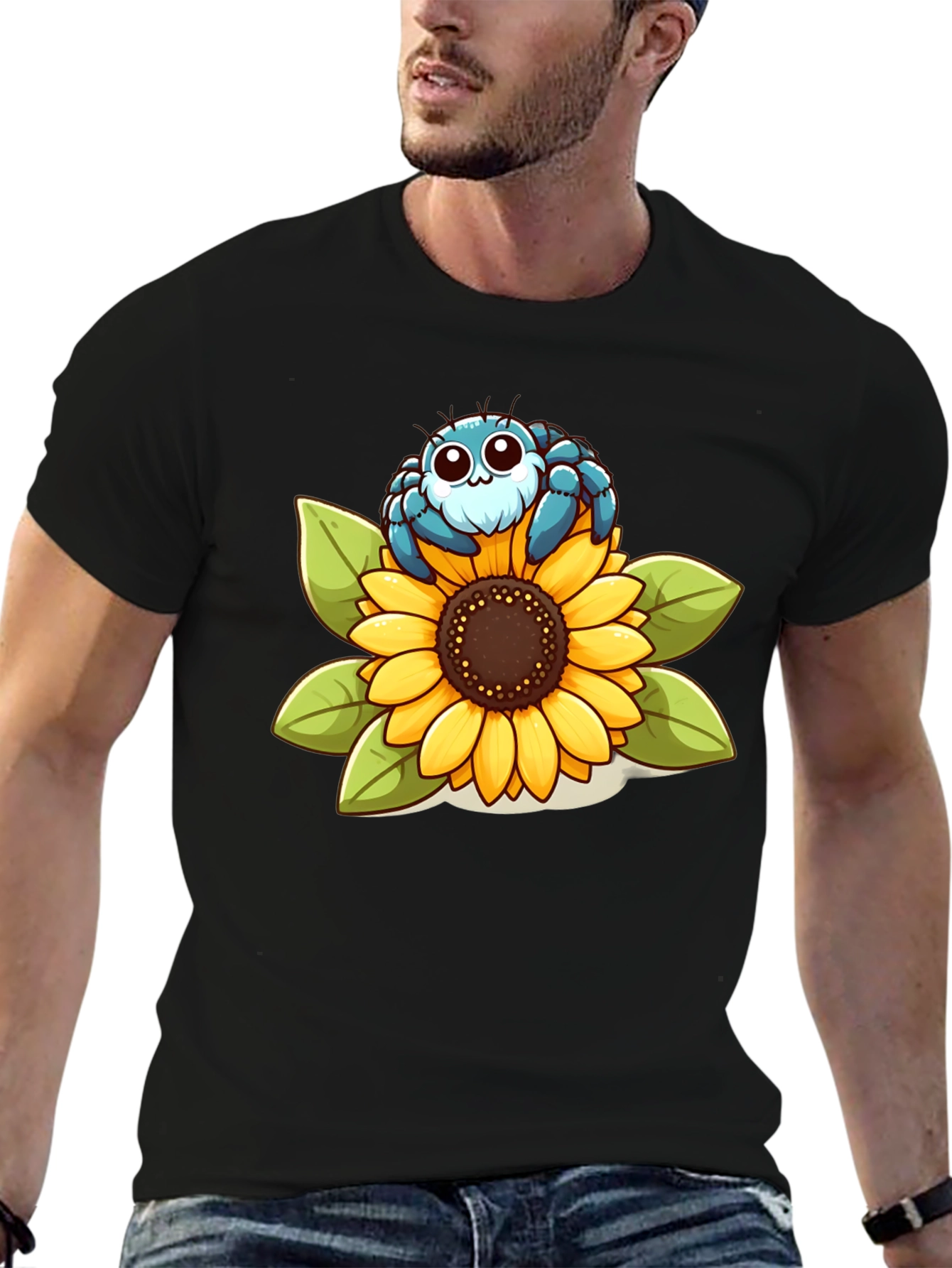 Black Cute Spider on Sunflower Graphic T-Shirt view 6