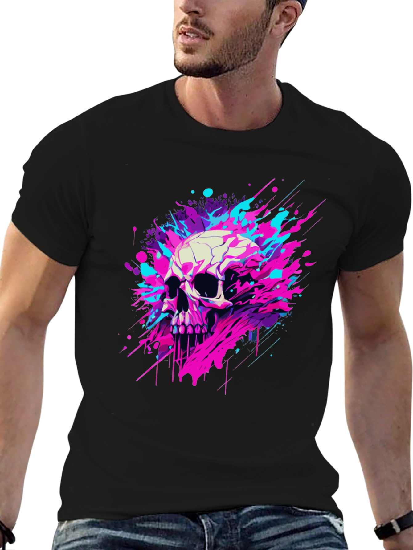 Black Skull Splash Graphic Tee - Bold & Unique Design view 6