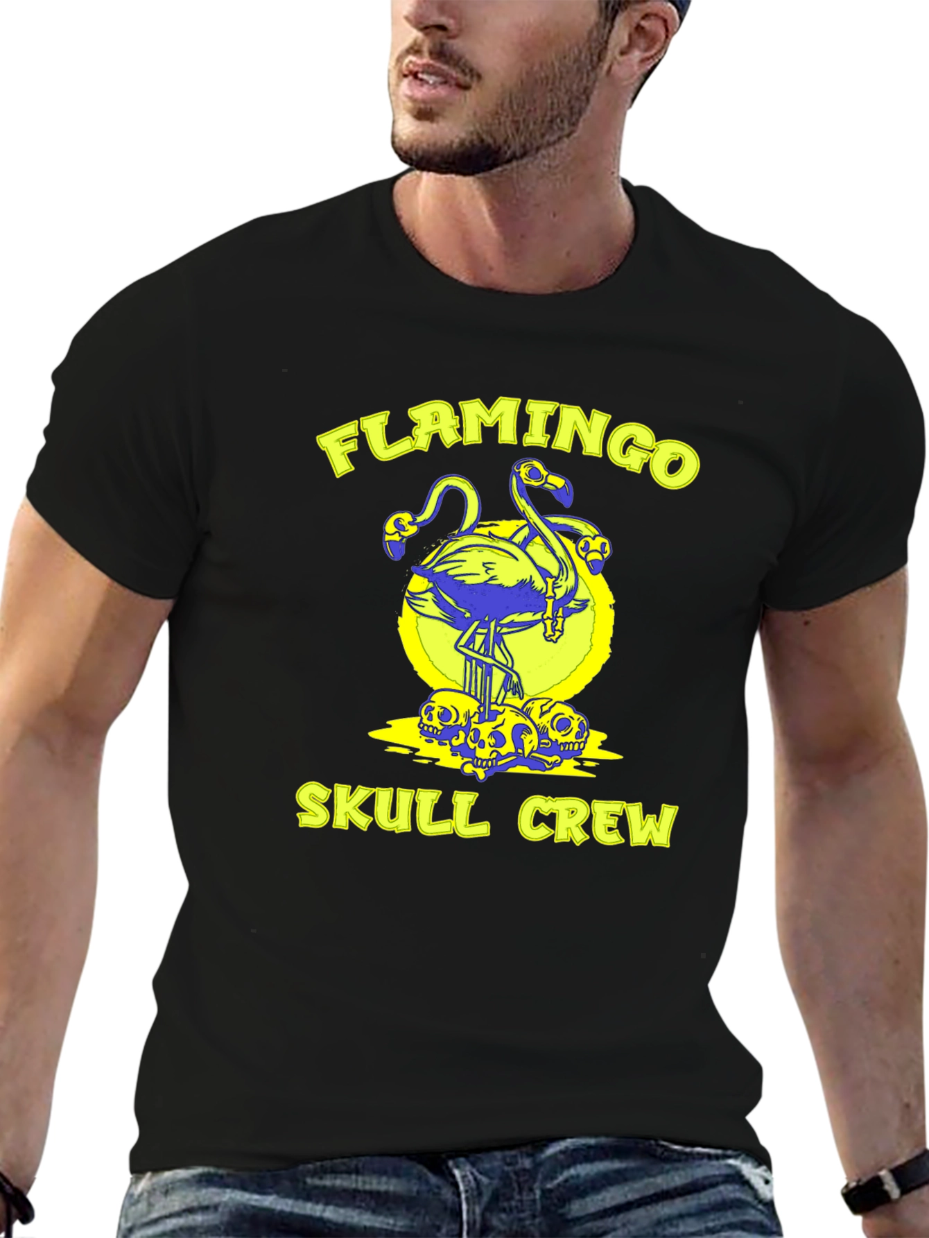 Black Flamingo Skull Crew Black Graphic Tee view 6