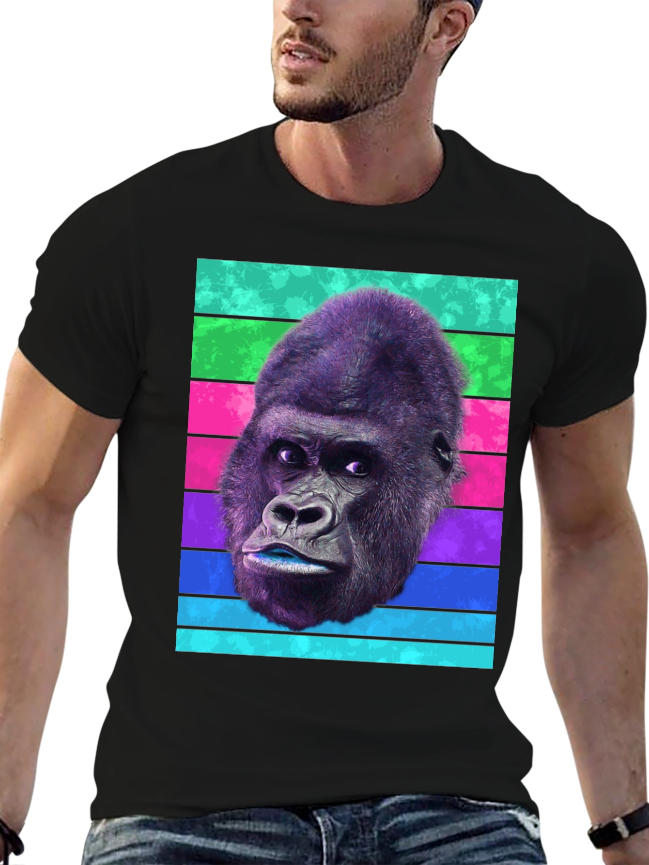 Black Gorilla Head T-Shirt - Retro Stripes, Unique Design view 6