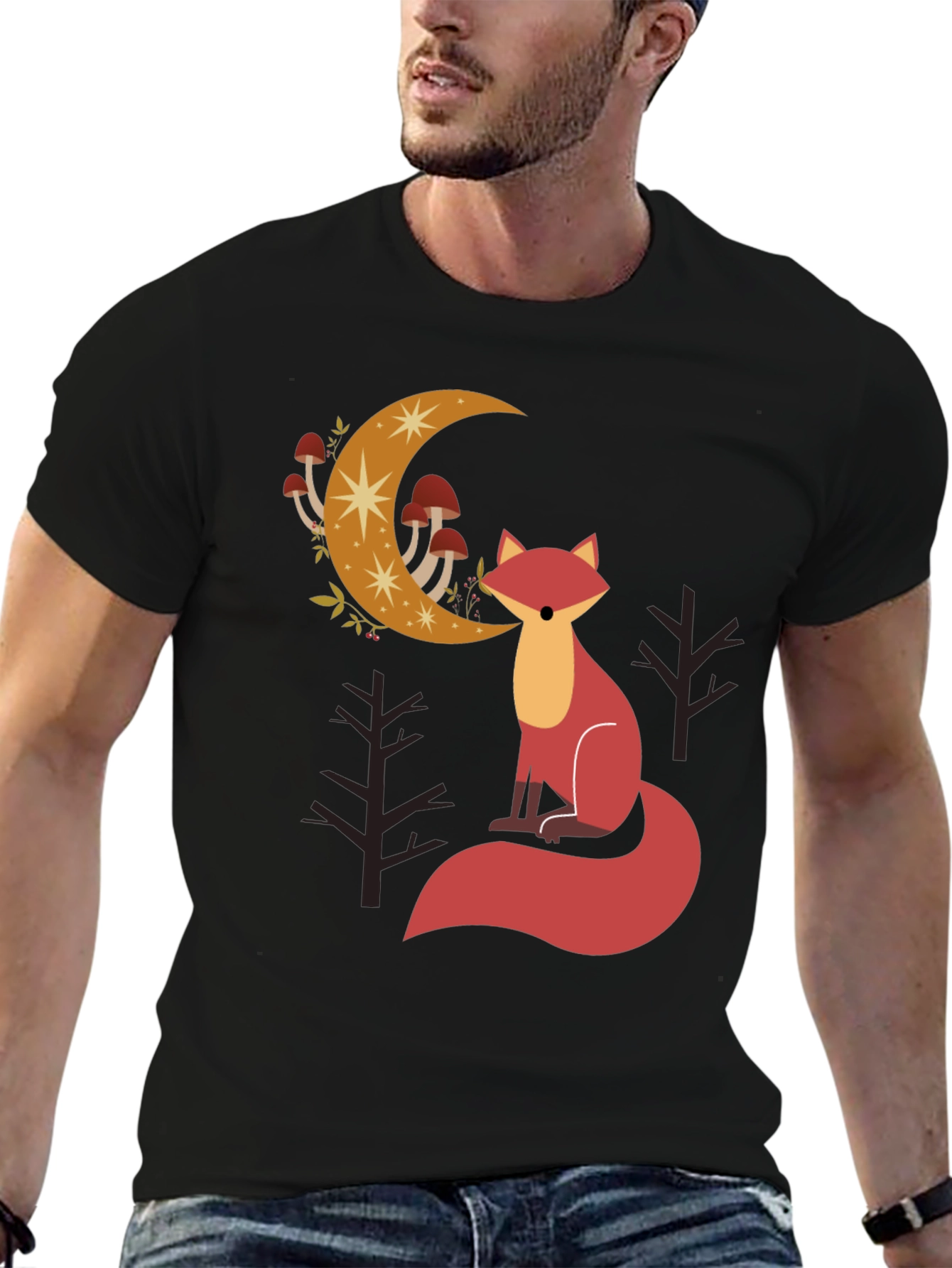Black Fox and Moon Graphic Tee - Black Cotton Blend view 6