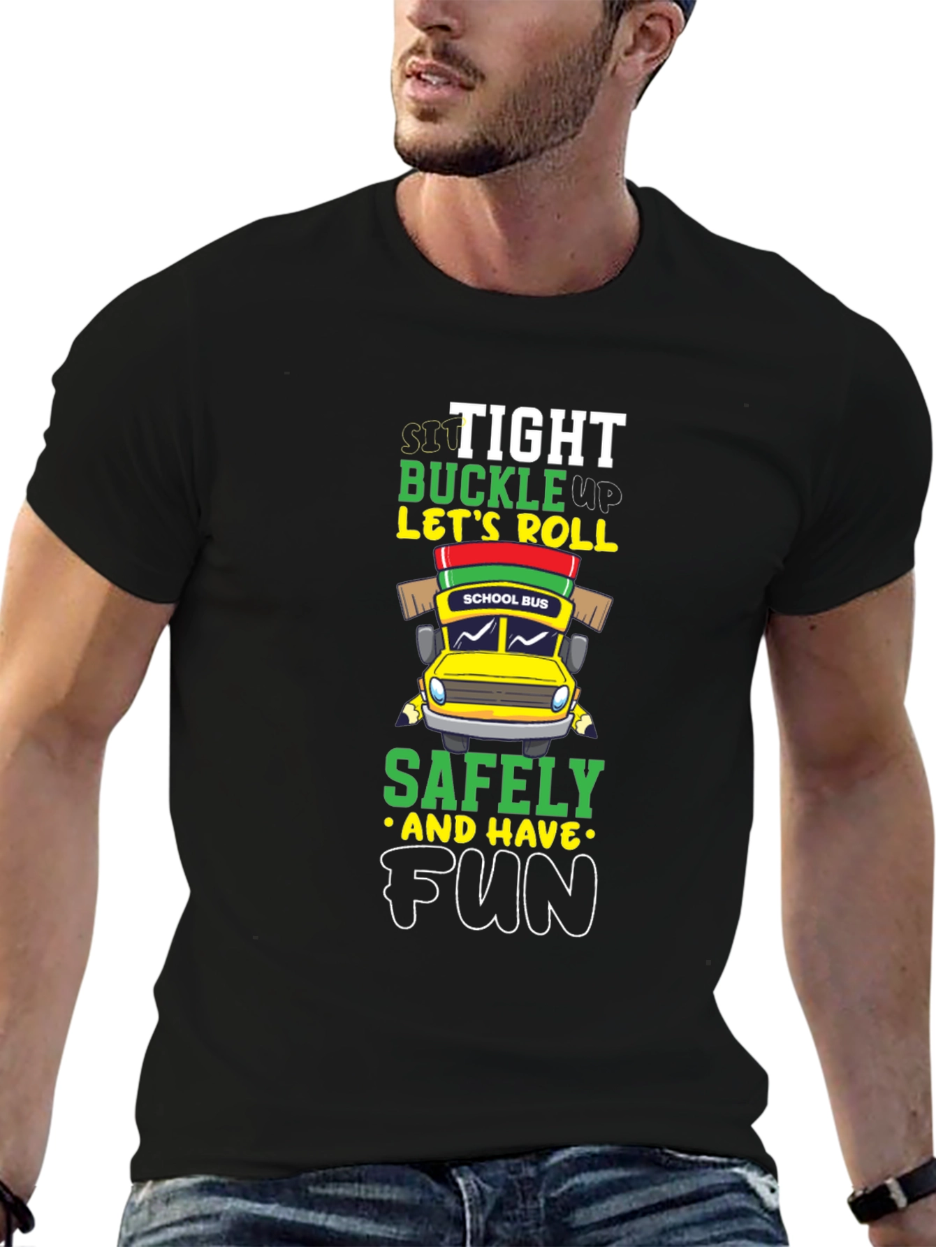 Black Sit Tight Buckle Up Let's Roll School Bus Graphic Tee view 6