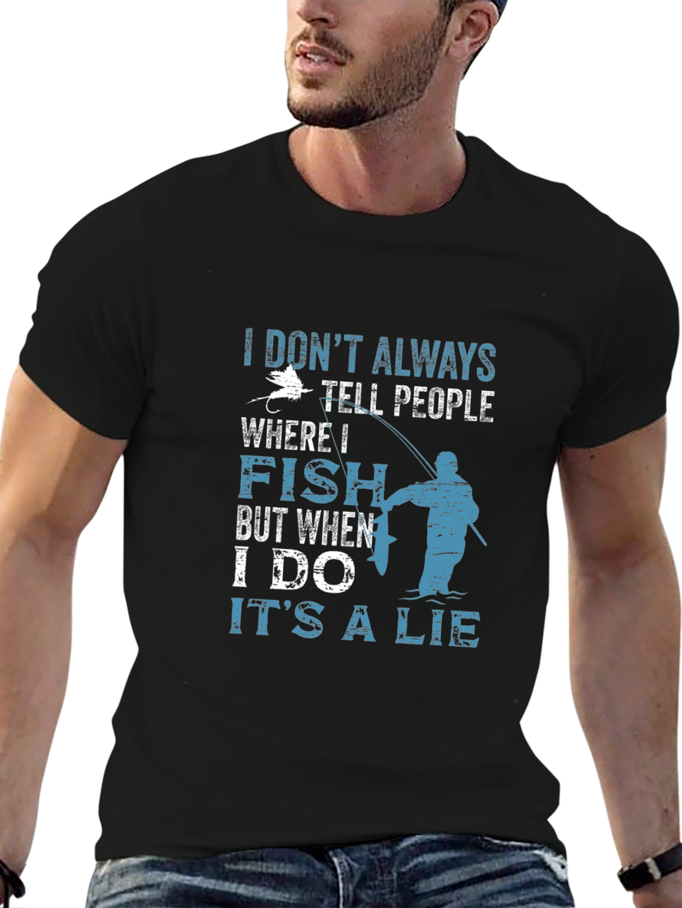 Black Funny Fishing T-Shirt - I Don't Always Tell People Where I Fish view 6