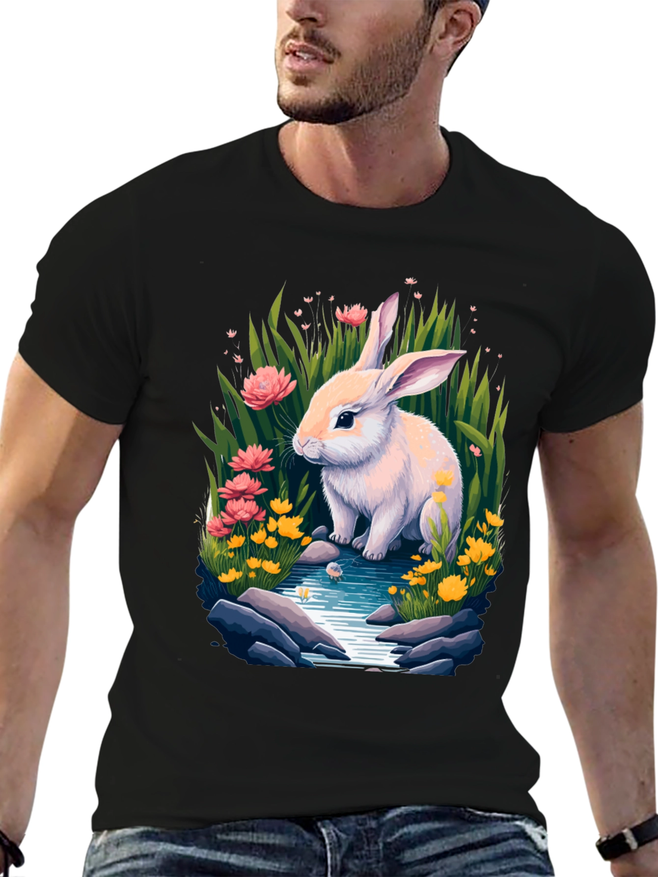 Black Bunny in Bloom Tee - Whimsical Rabbit Design view 6