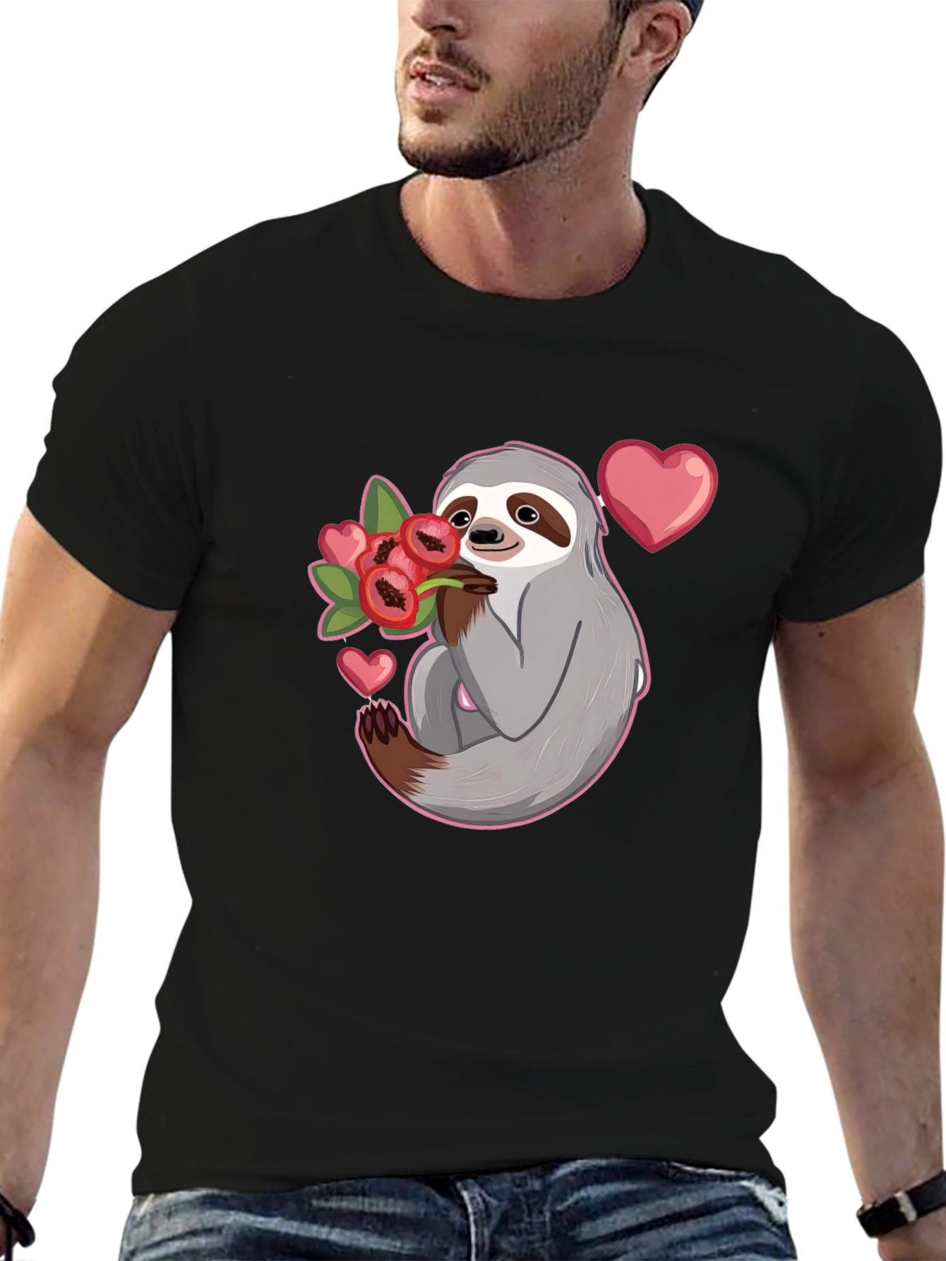 Black Sloth Holding Flowers T-Shirt - Cute Valentine's Day Gift view 6
