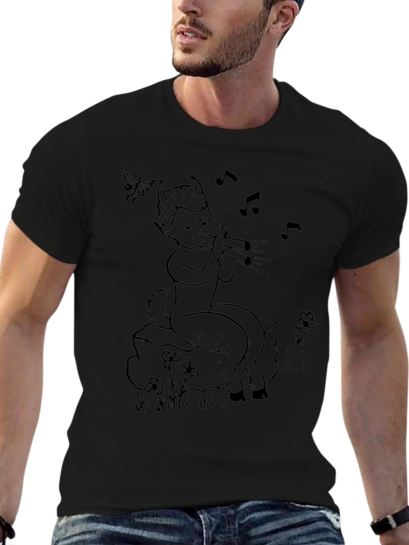 Black Whimsical Satyr T-Shirt - Unisex Black Tee view 6