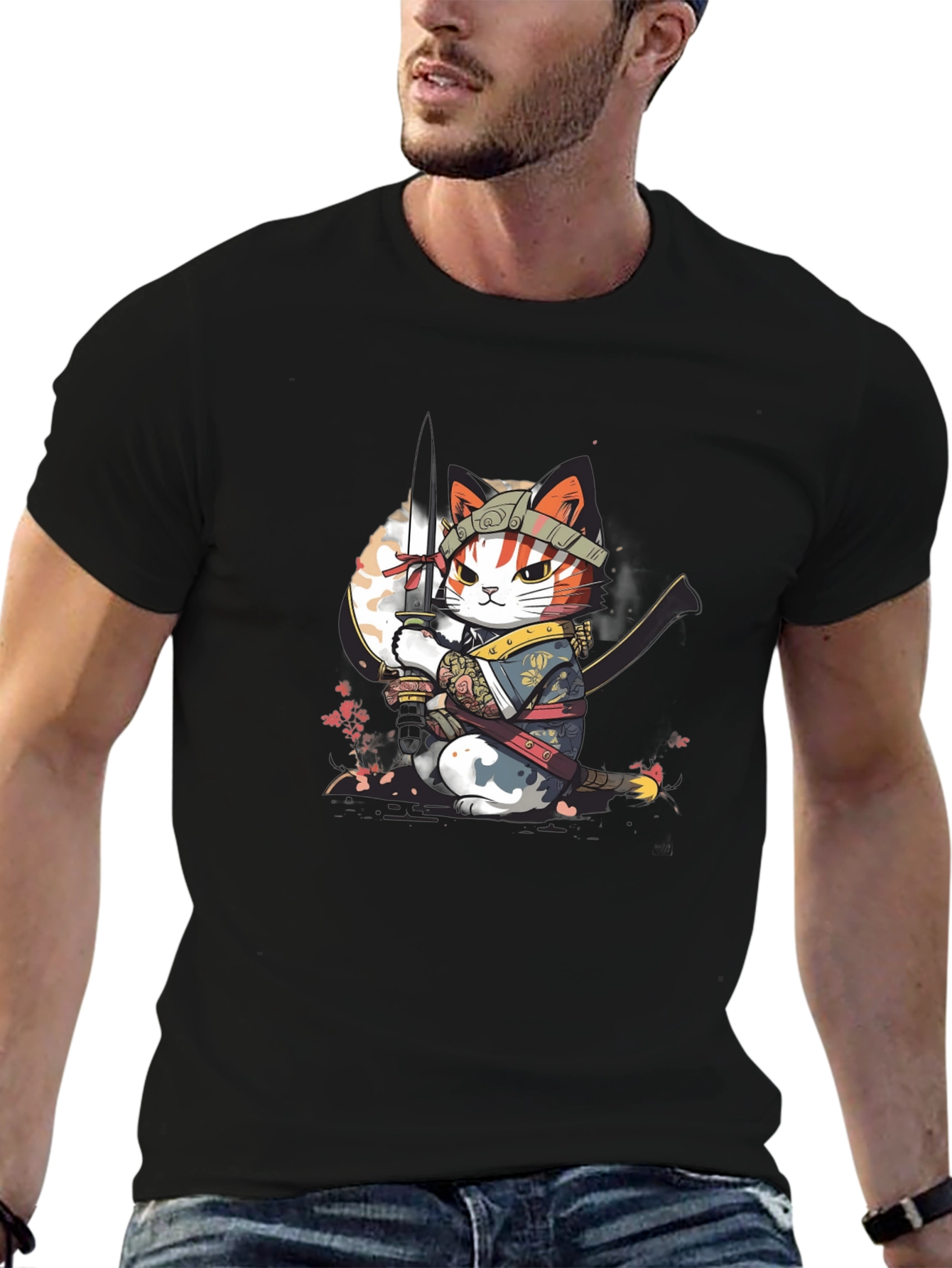 Black Samurai Cat T-Shirt - Unique Graphic Tee view 6