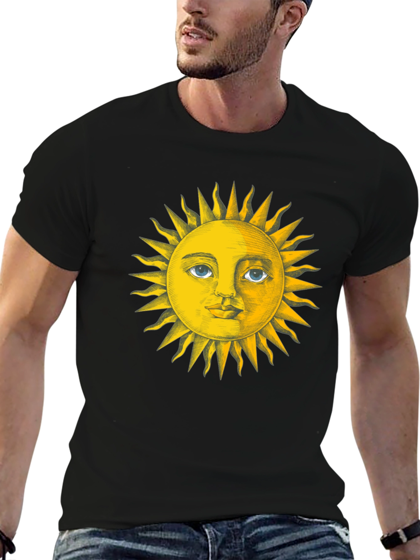 Black Sun Face Graphic Tee - Black Cotton T-Shirt view 6