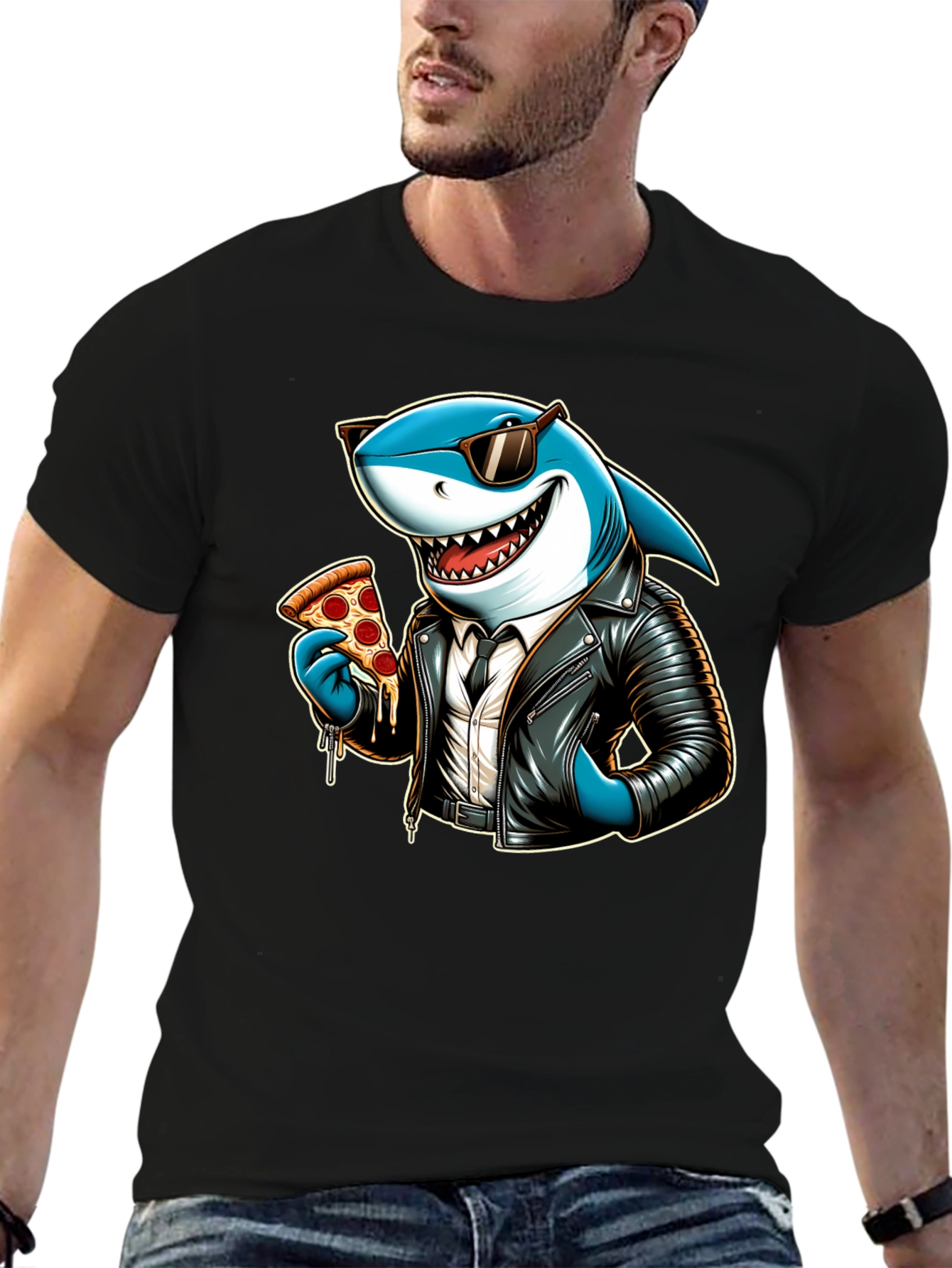 Black Cool Shark Pizza Graphic Tee view 6