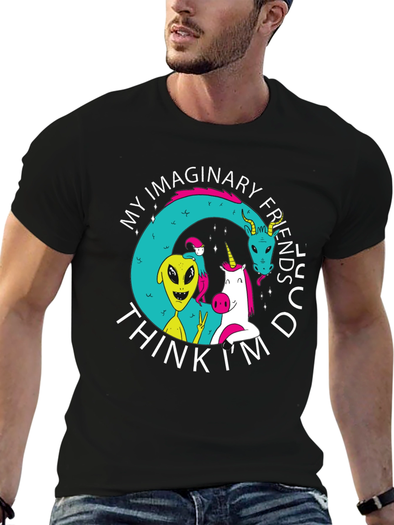 Black My Imaginary Friends Think I'm Dude Black T-Shirt view 6