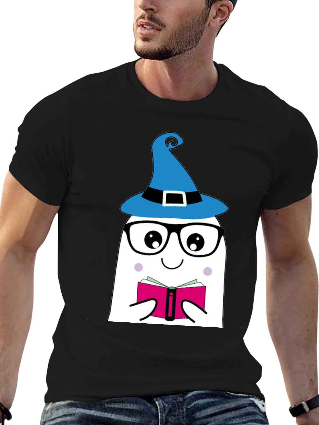 Black Whimsical Reading Ghost Graphic Tee view 6
