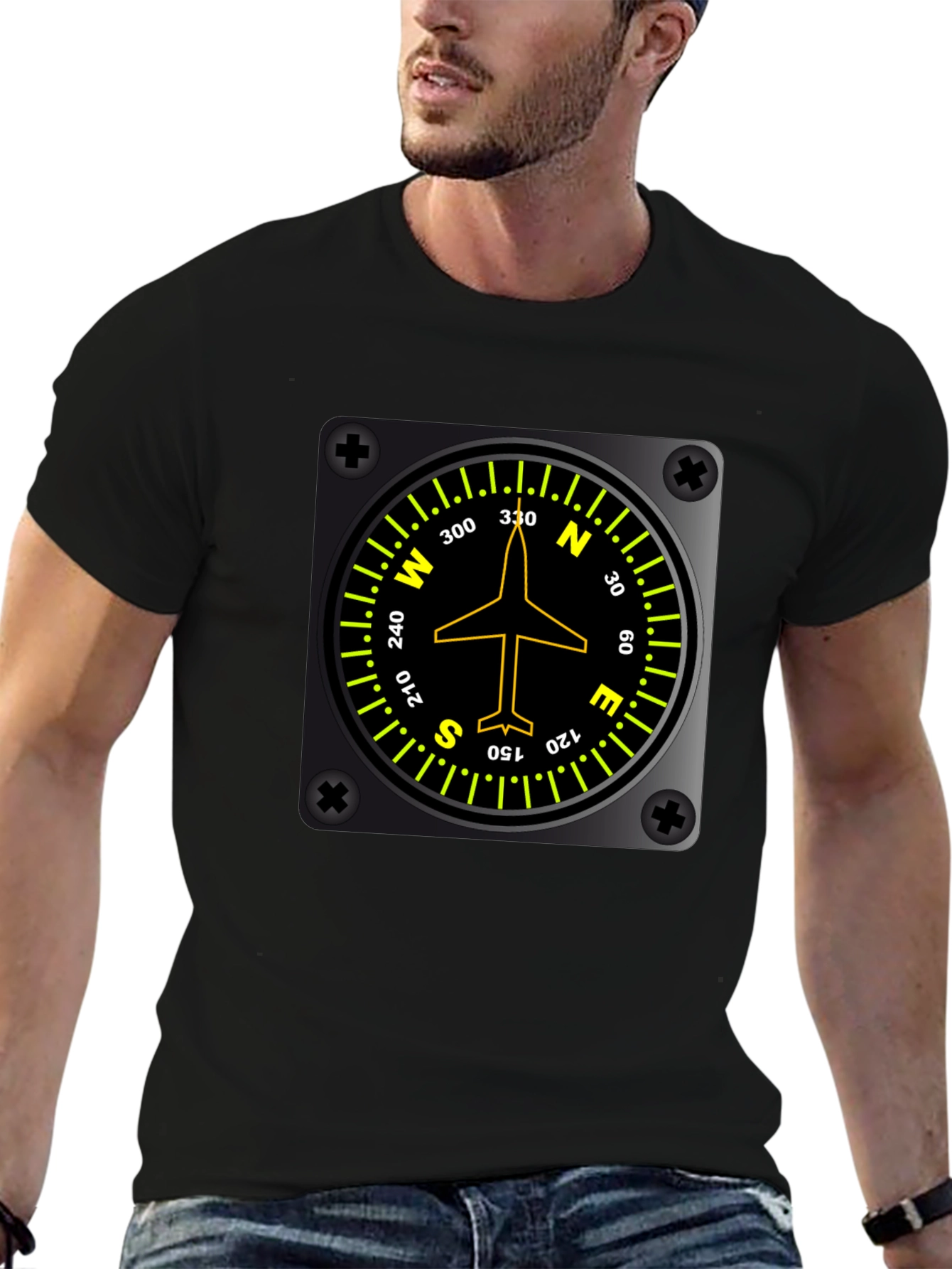 Black Pilot Compass Directional Aviation Black T-Shirt view 6