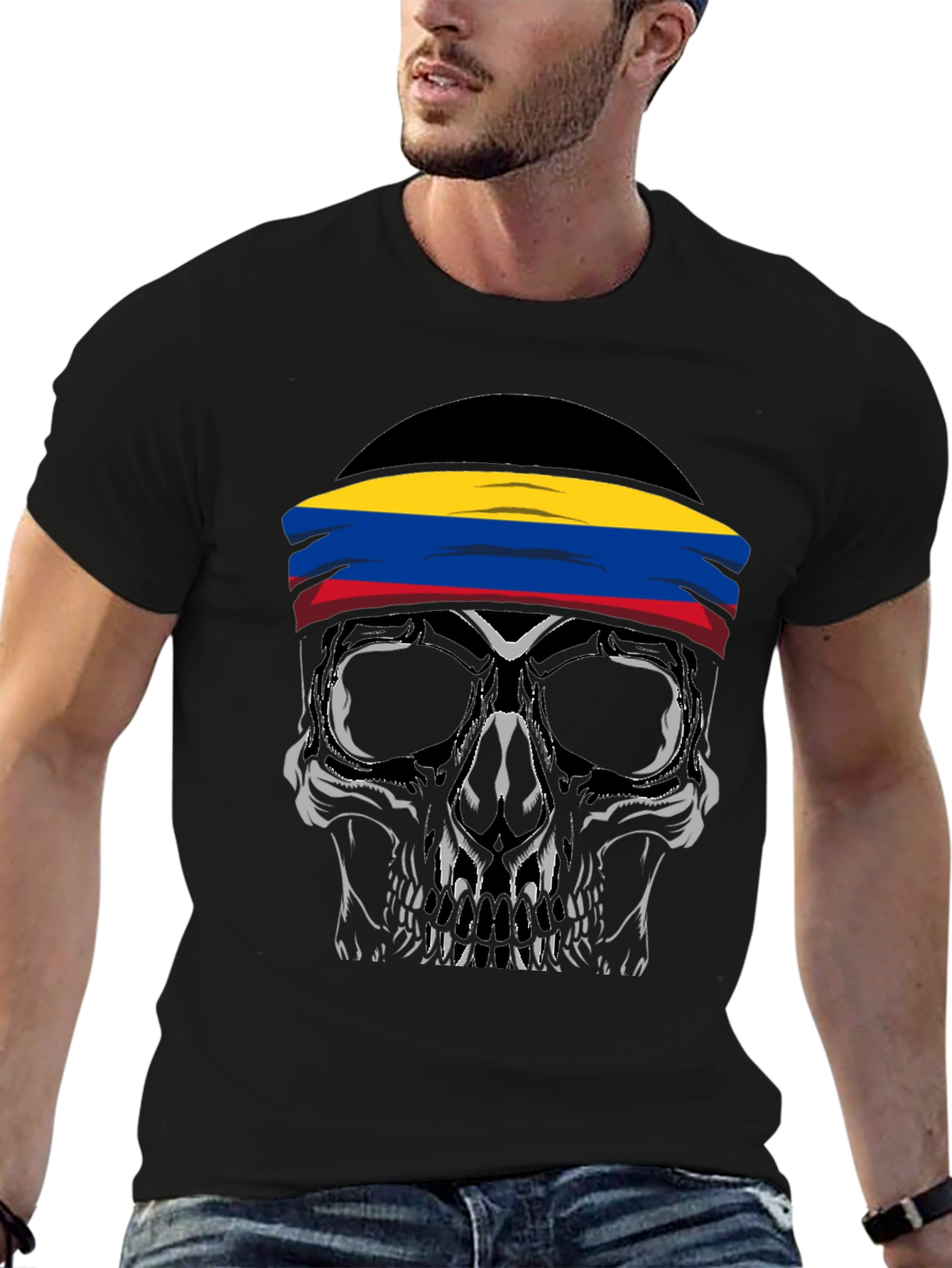 Black Skull T-Shirt with Colombia Flag Headband view 6