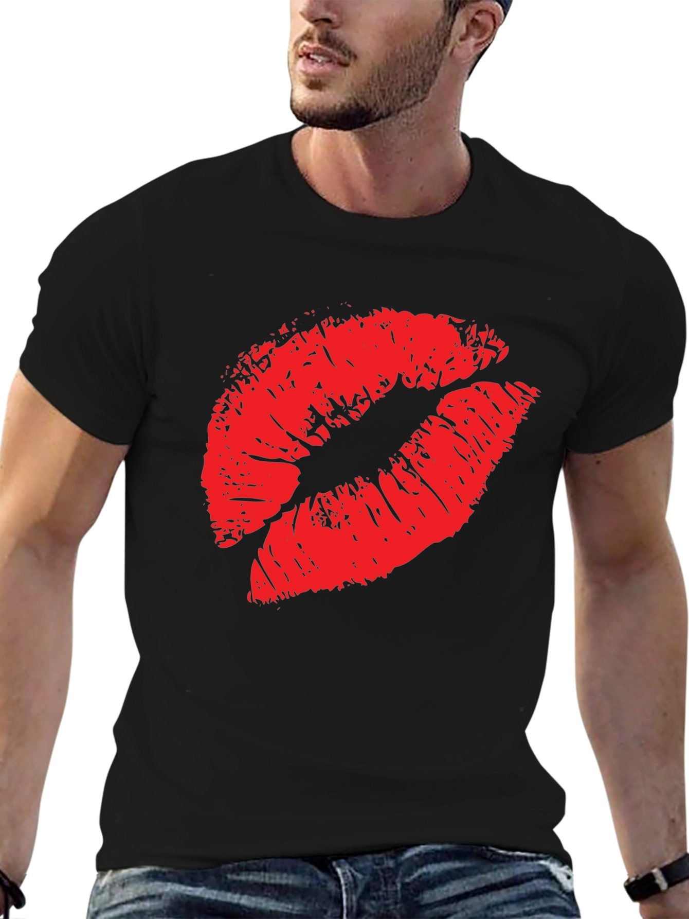 Black Red Lips Print Black T-Shirt view 6
