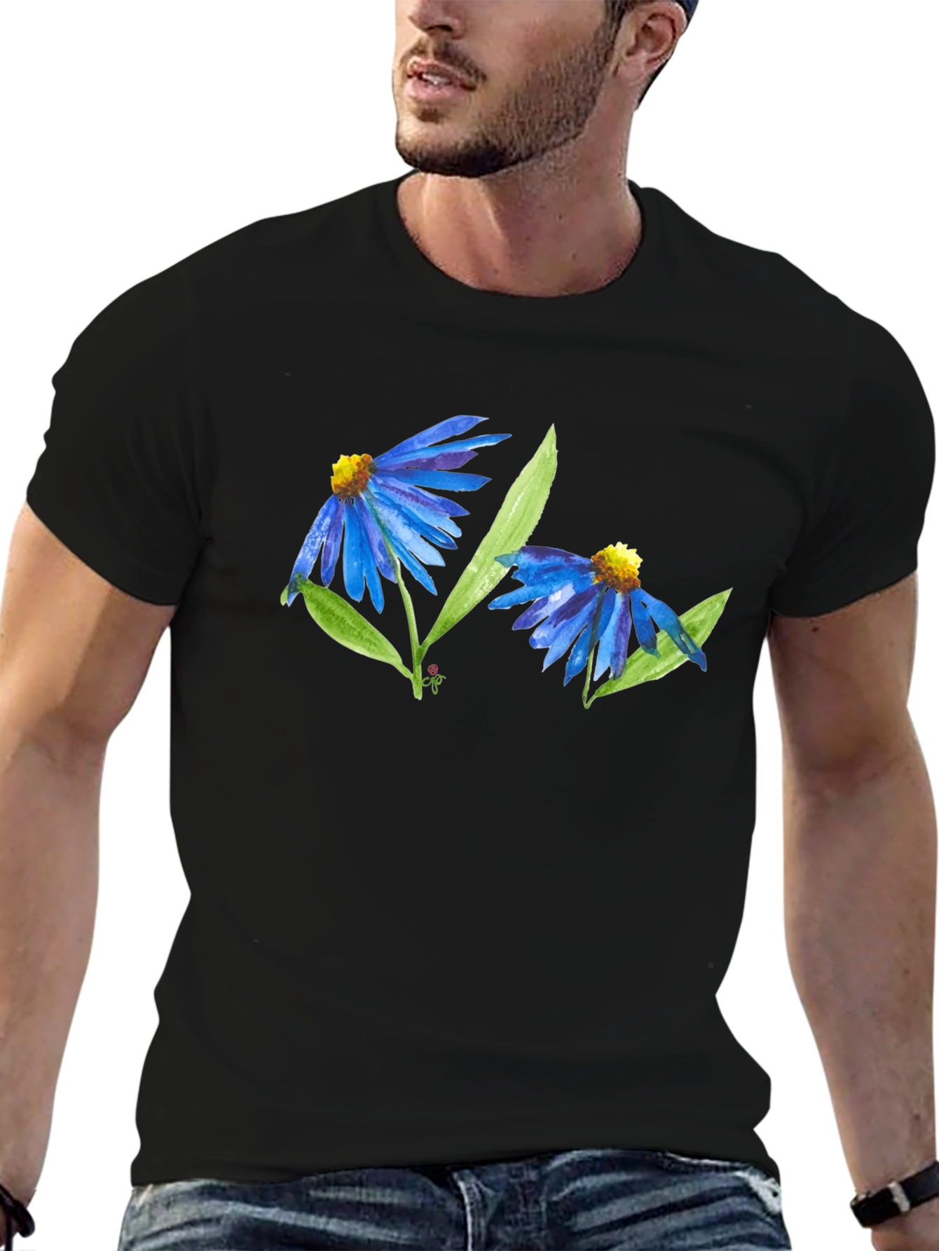 Black Blue Flower Graphic T-Shirt - Soft Cotton Blend view 6