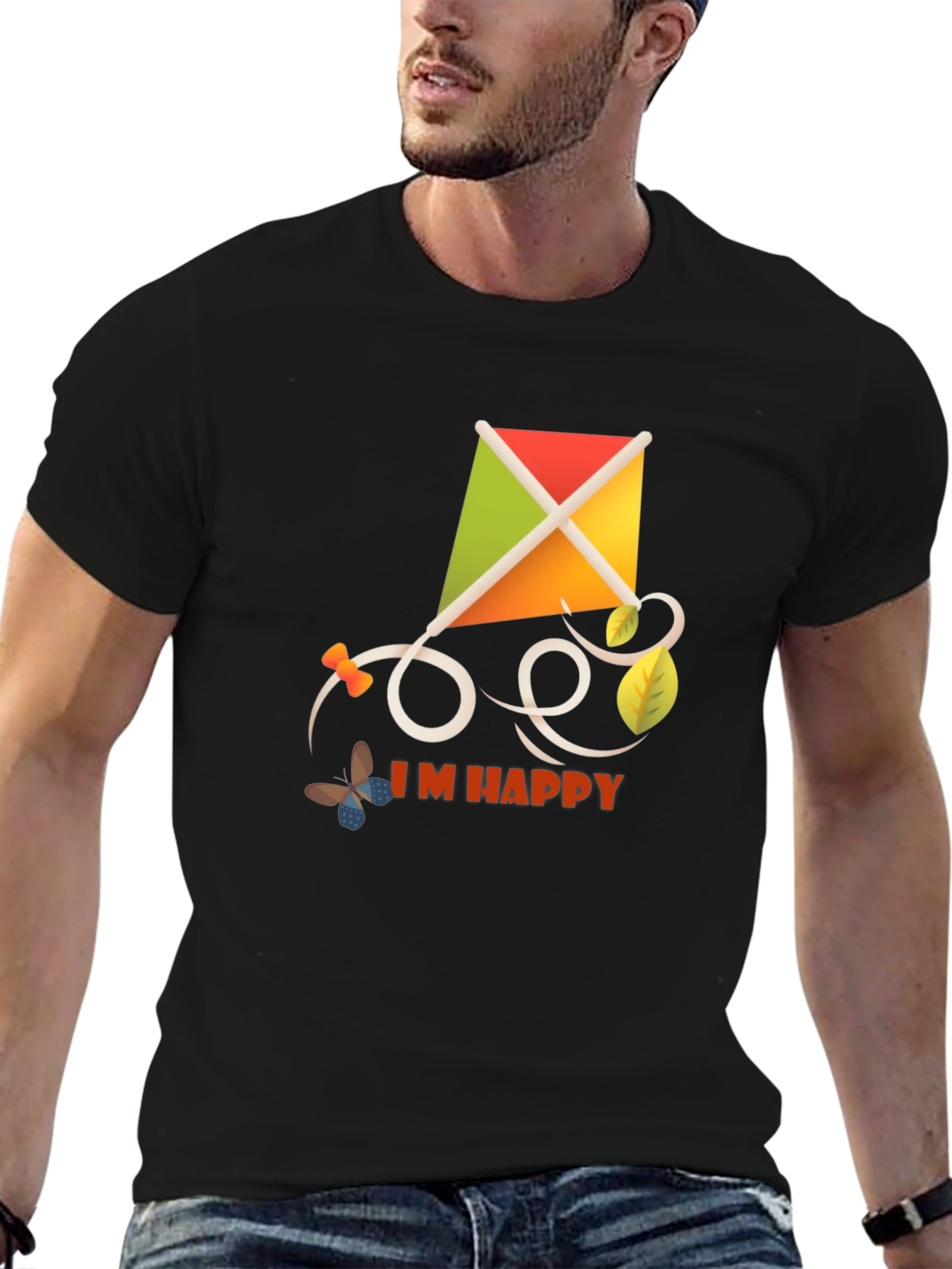 Black I'm Happy Kite T-Shirt - Stylish Casual Wear view 6