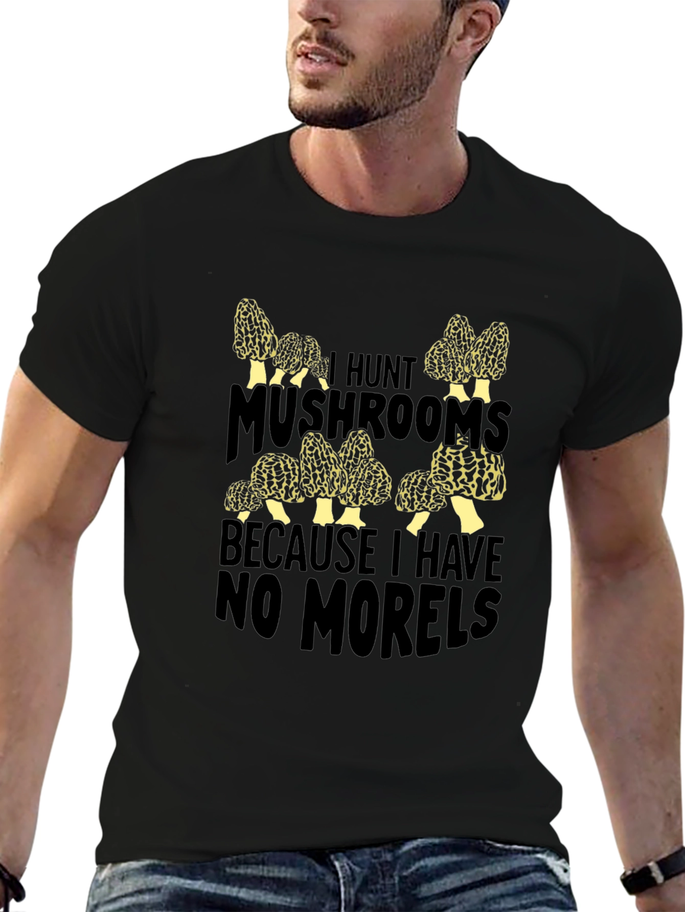 Black Funny Mushroom Hunting T-Shirt - "No Morels" view 6
