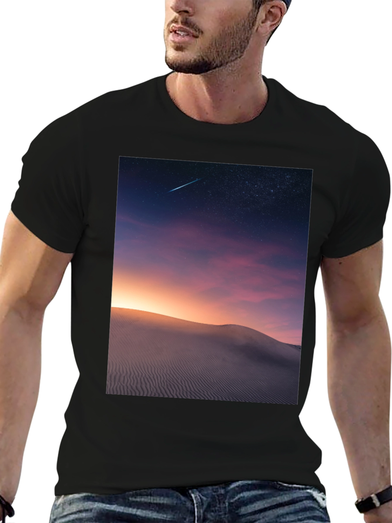 Black Night Desert Scene Graphic T-Shirt view 6