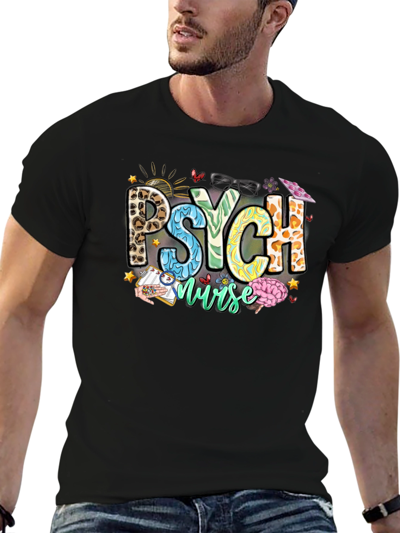 Black Psych Nurse T-Shirt - Leopard Print - Nursing Apparel view 6