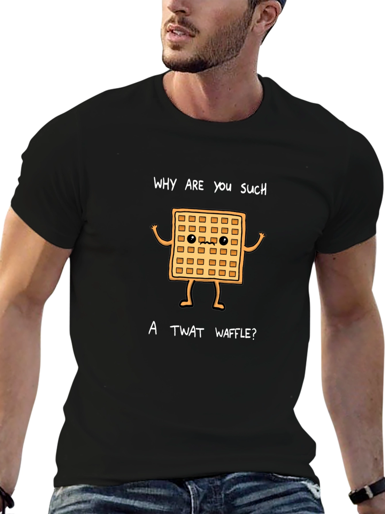 Black Funny Waffle Graphic T-Shirt - "Twat Waffle" view 6