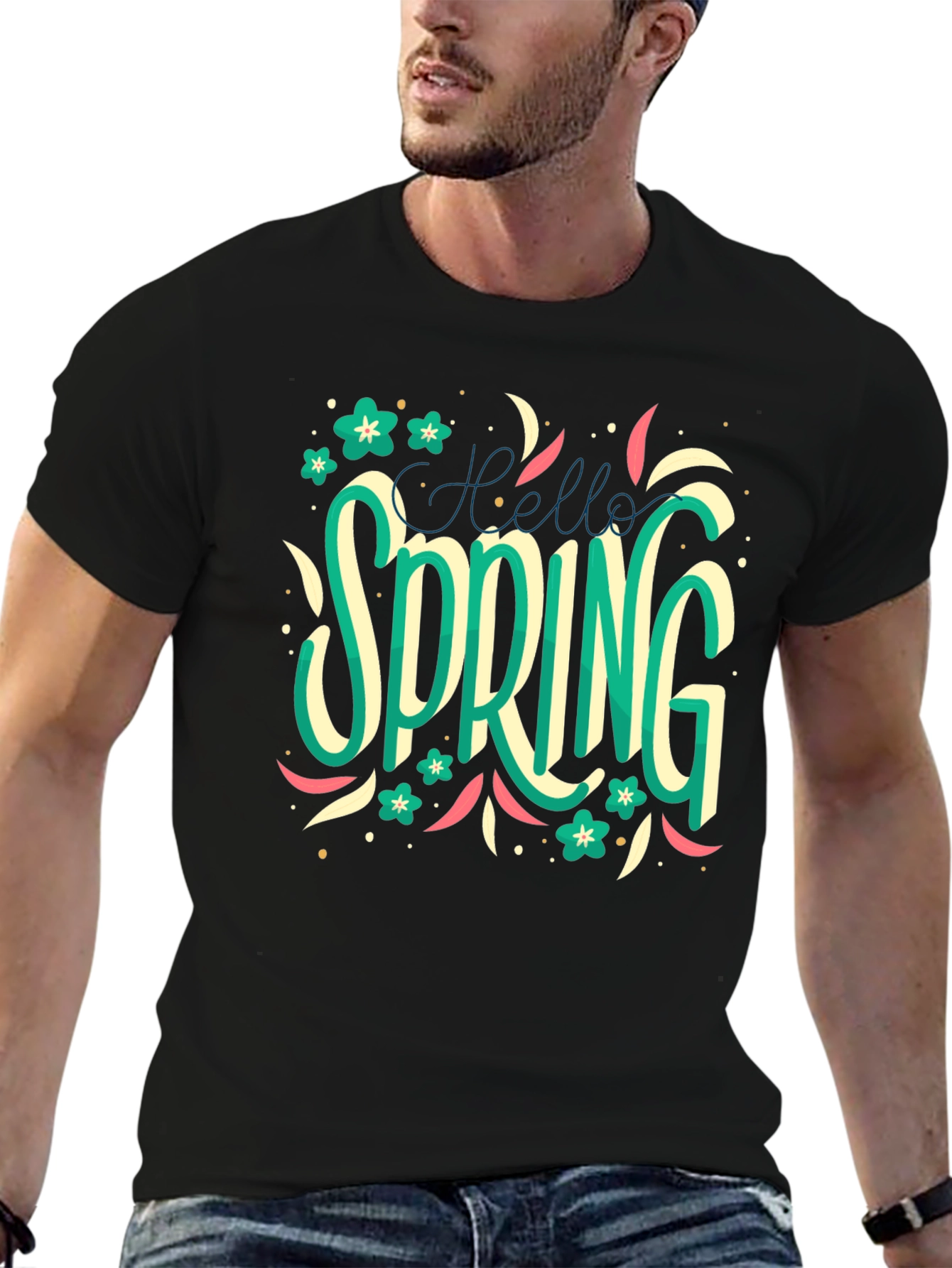 Black Hello Spring T-Shirt: Floral Season Style view 6