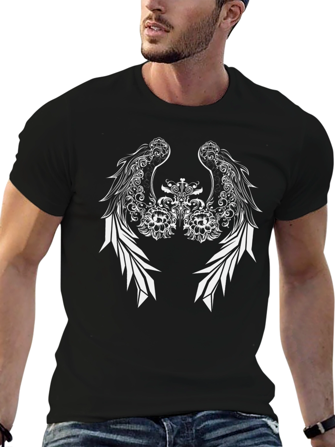 Black Black Tee with Winged Floral Design view 6