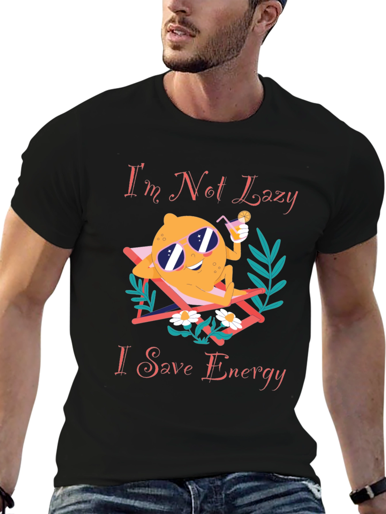 Black Funny Save Energy T-Shirt - Lazy Lemon Lounging Design view 6