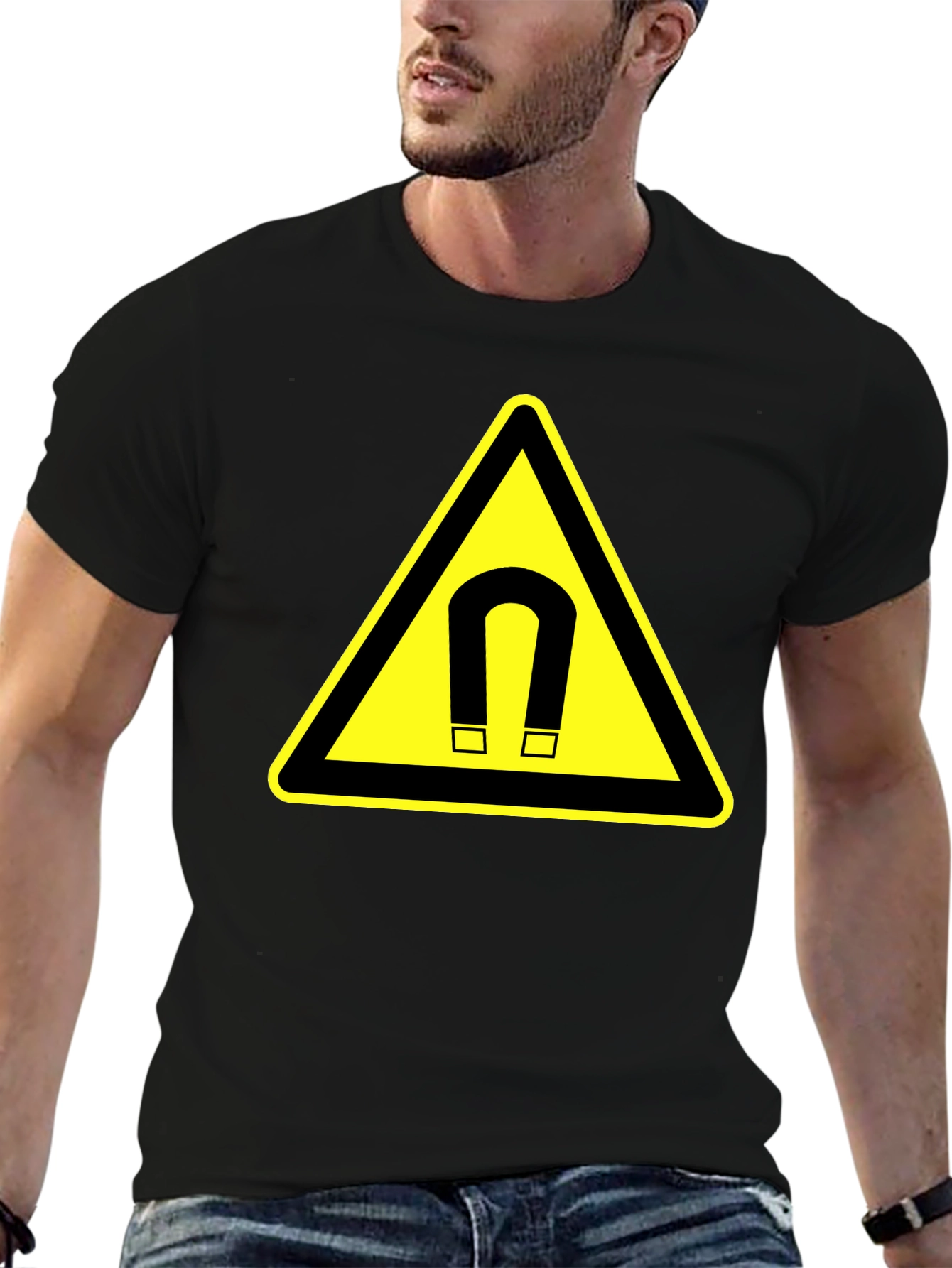 Magnet Warning Sign Graphic T-Shirt - Black Cotton Tee - 6