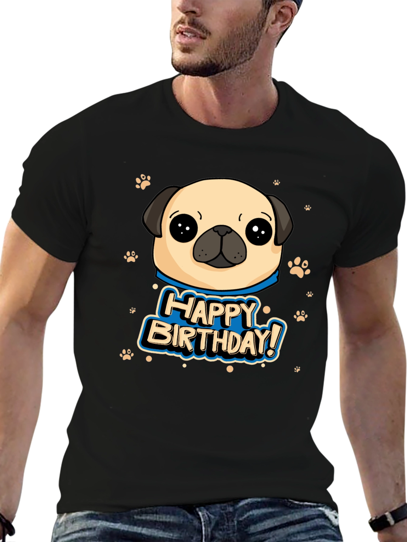 Black Pug Happy Birthday Black T-Shirt view 6