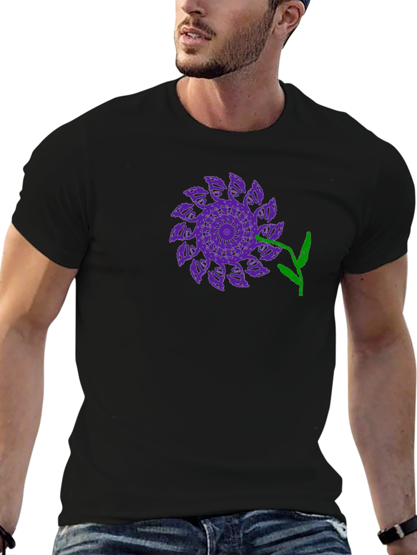 Black Black T-Shirt with Purple Flower Design view 6