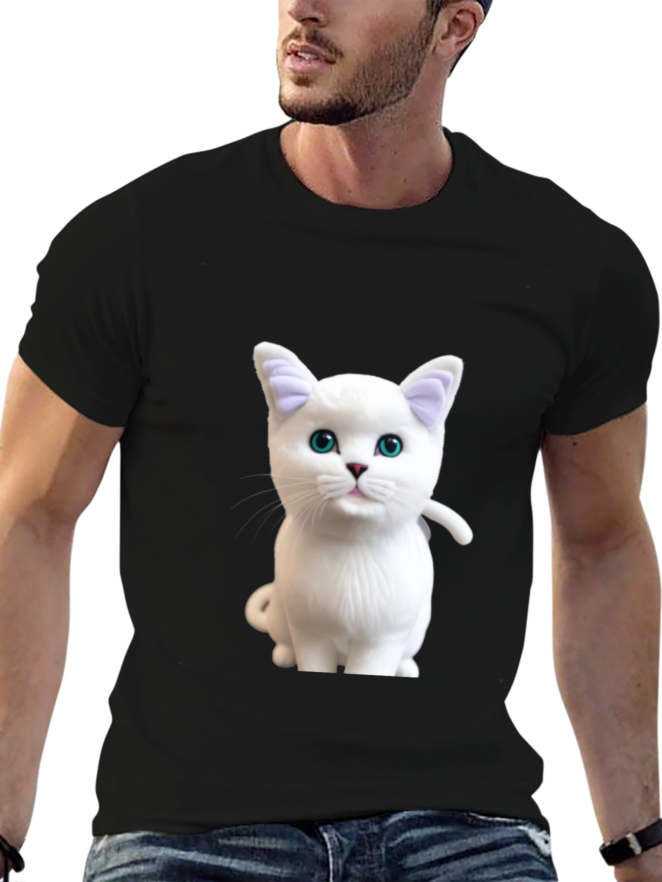 Black Cute White Cat Graphic Print Black T-Shirt view 6