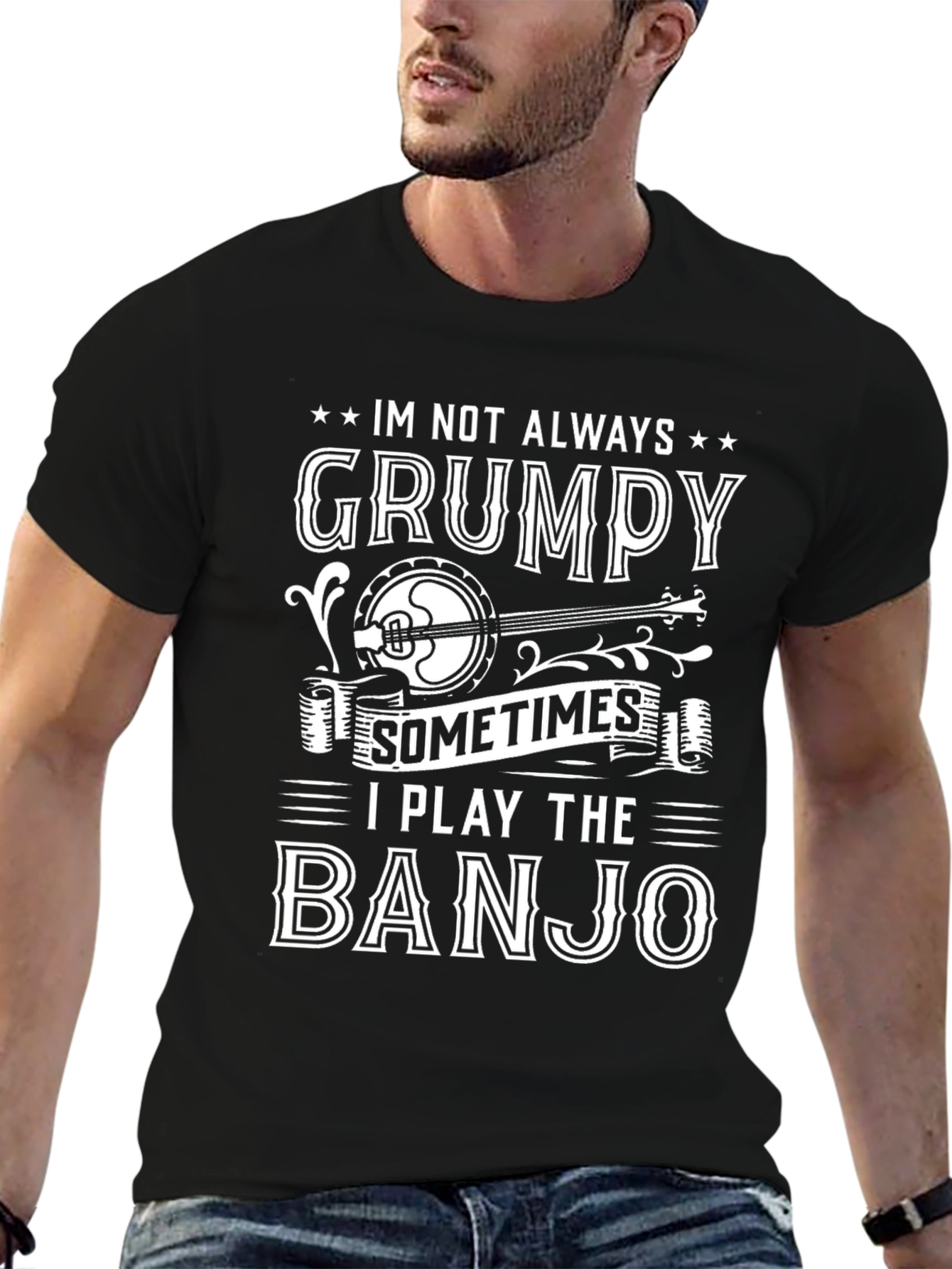 Black Grumpy Banjo Player Graphic Tee - Black T-Shirt view 6