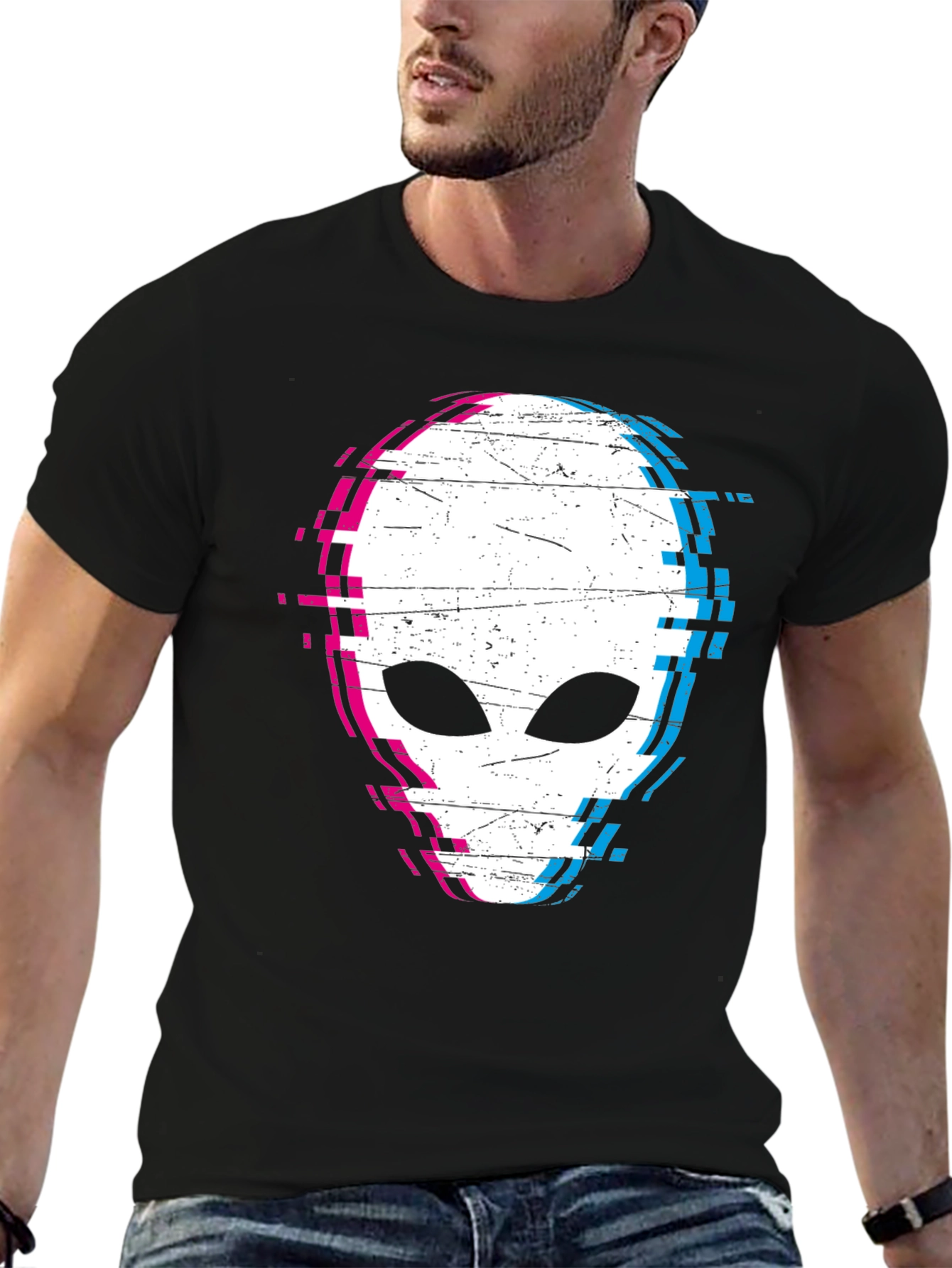 Black Glitch Alien Graphic Tee - Black Cotton Blend Shirt view 6