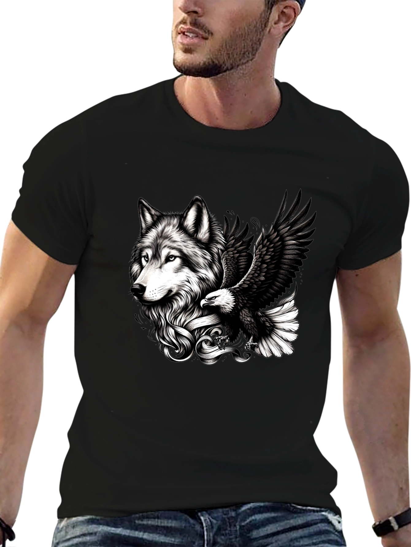 Black Wolf & Eagle Graphic Tee - Black Cotton Blend view 6
