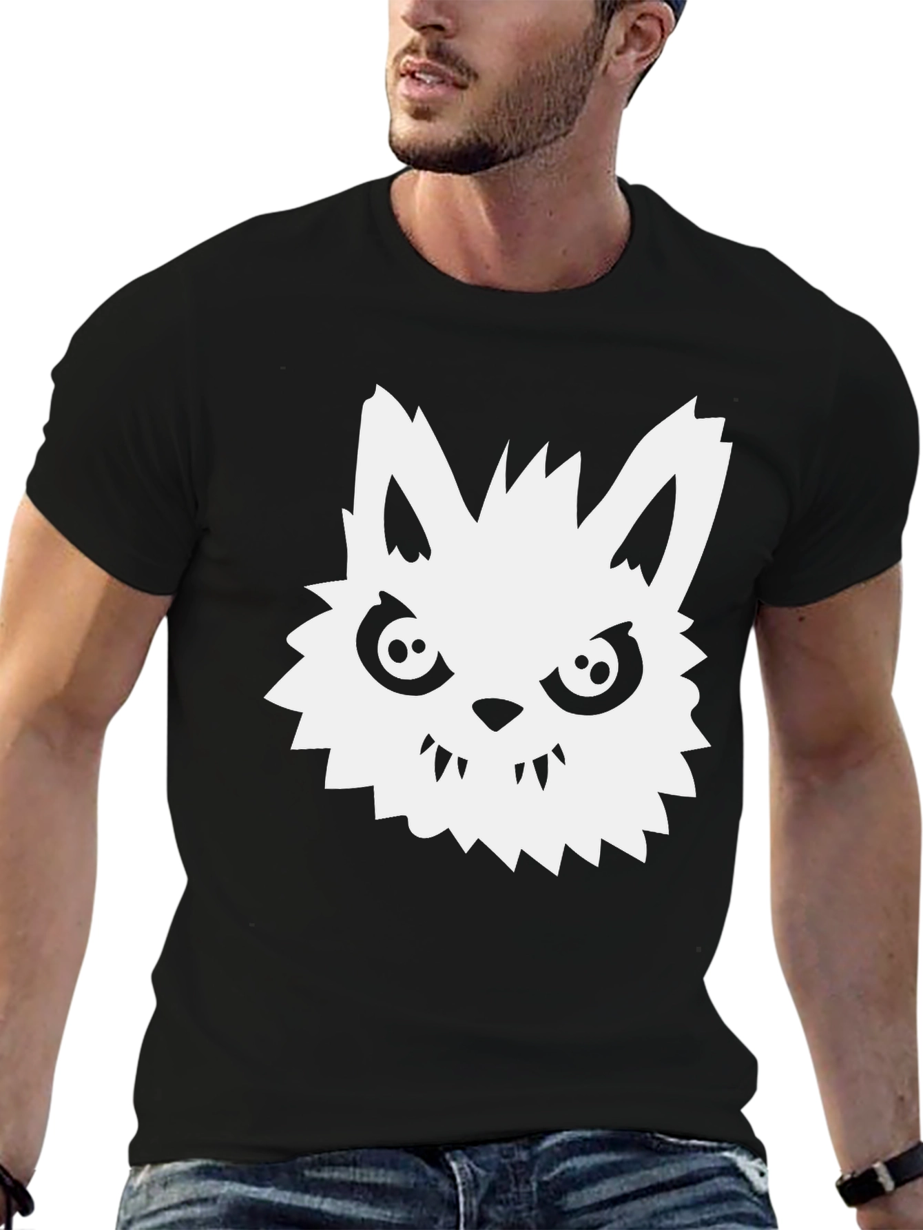 Black Men's Black T-Shirt with White Werewolf Graphic view 6