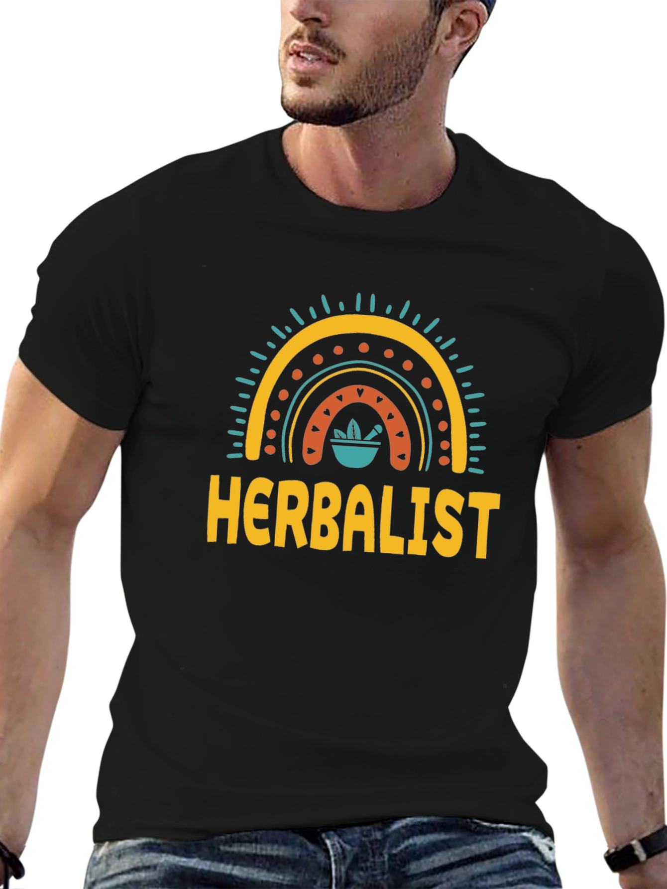 Black Herbalist T-Shirt with Rainbow Mortar Design - Black view 6
