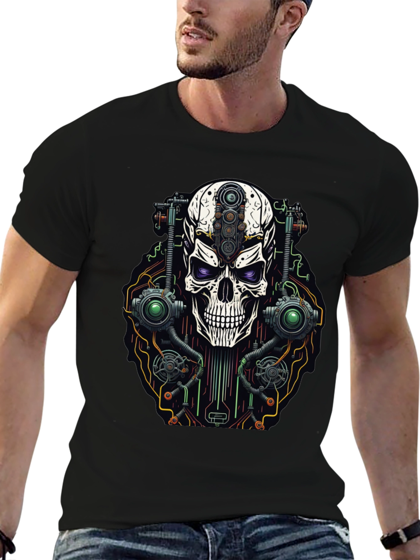 Black Cyberpunk Skull Graphic T-Shirt view 6