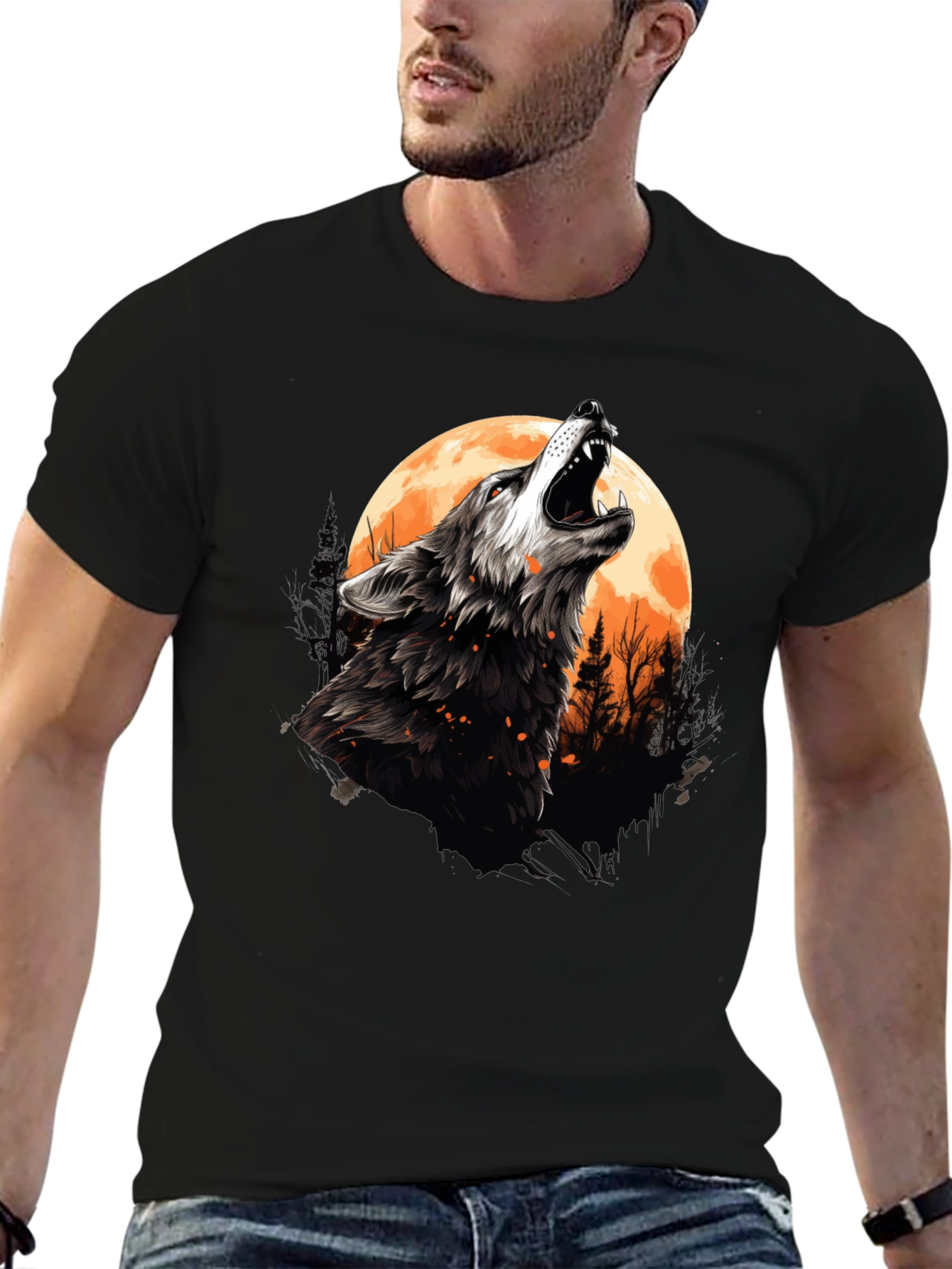 Black Wolf Howling at Moon Graphic Tee - Black Cotton view 6