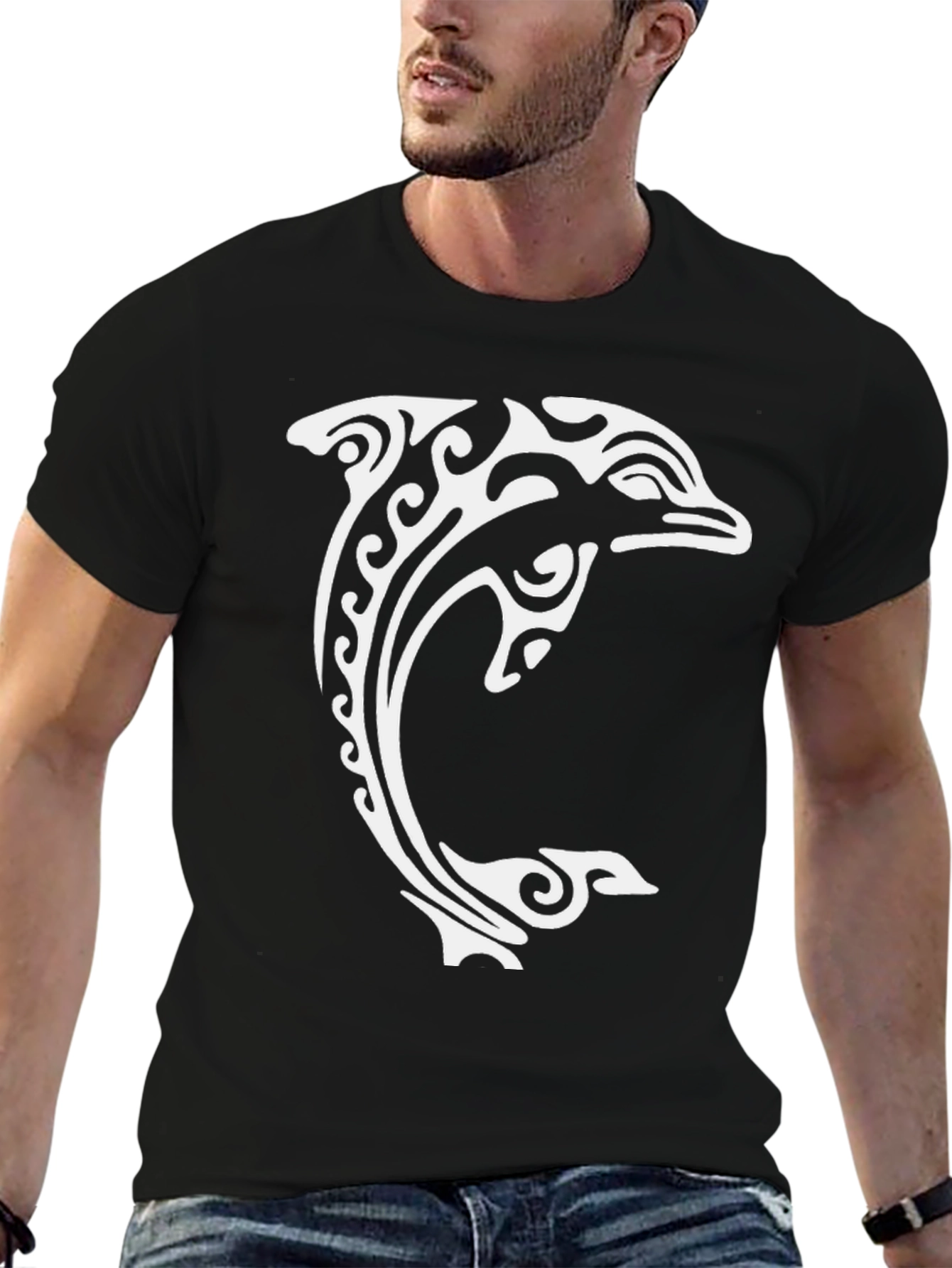 Black Tribal Dolphin Graphic Tee - Black Cotton Comfort view 6