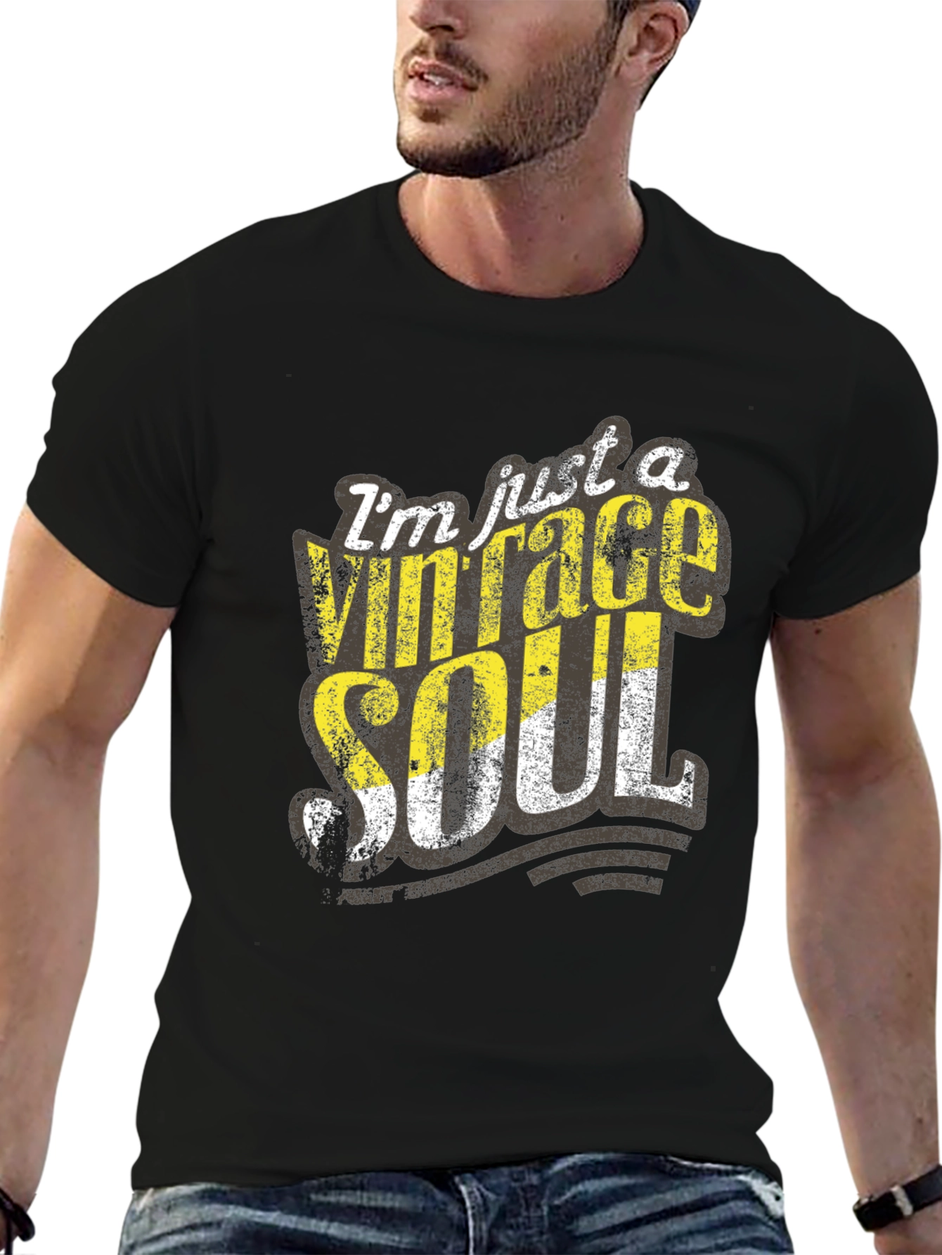 Black Vintage Soul Graphic Tee - Distressed Print, Casual Black T-Shirt view 6