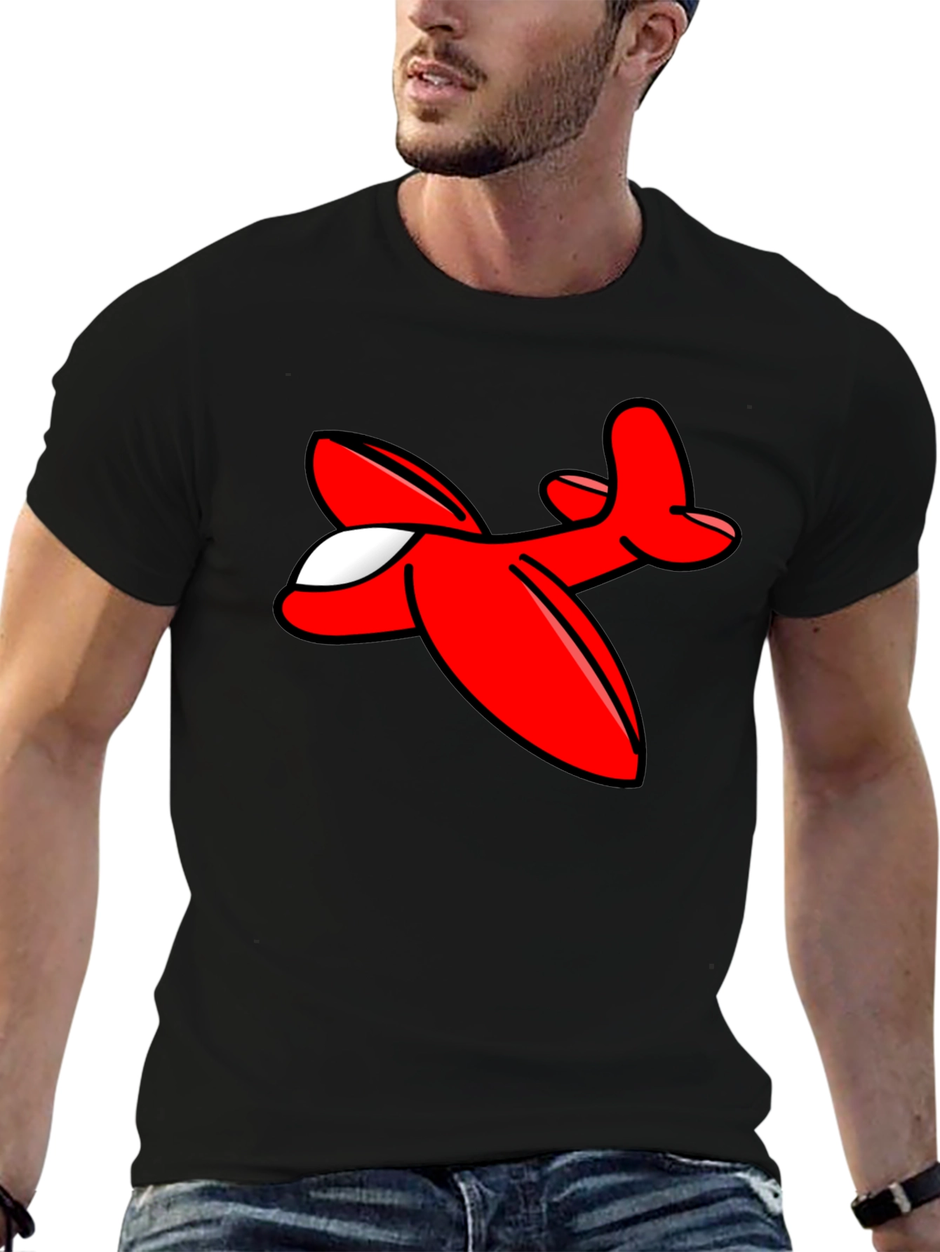 Cartoon Airplane Graphic Tee - Black Cotton T-Shirt - 6