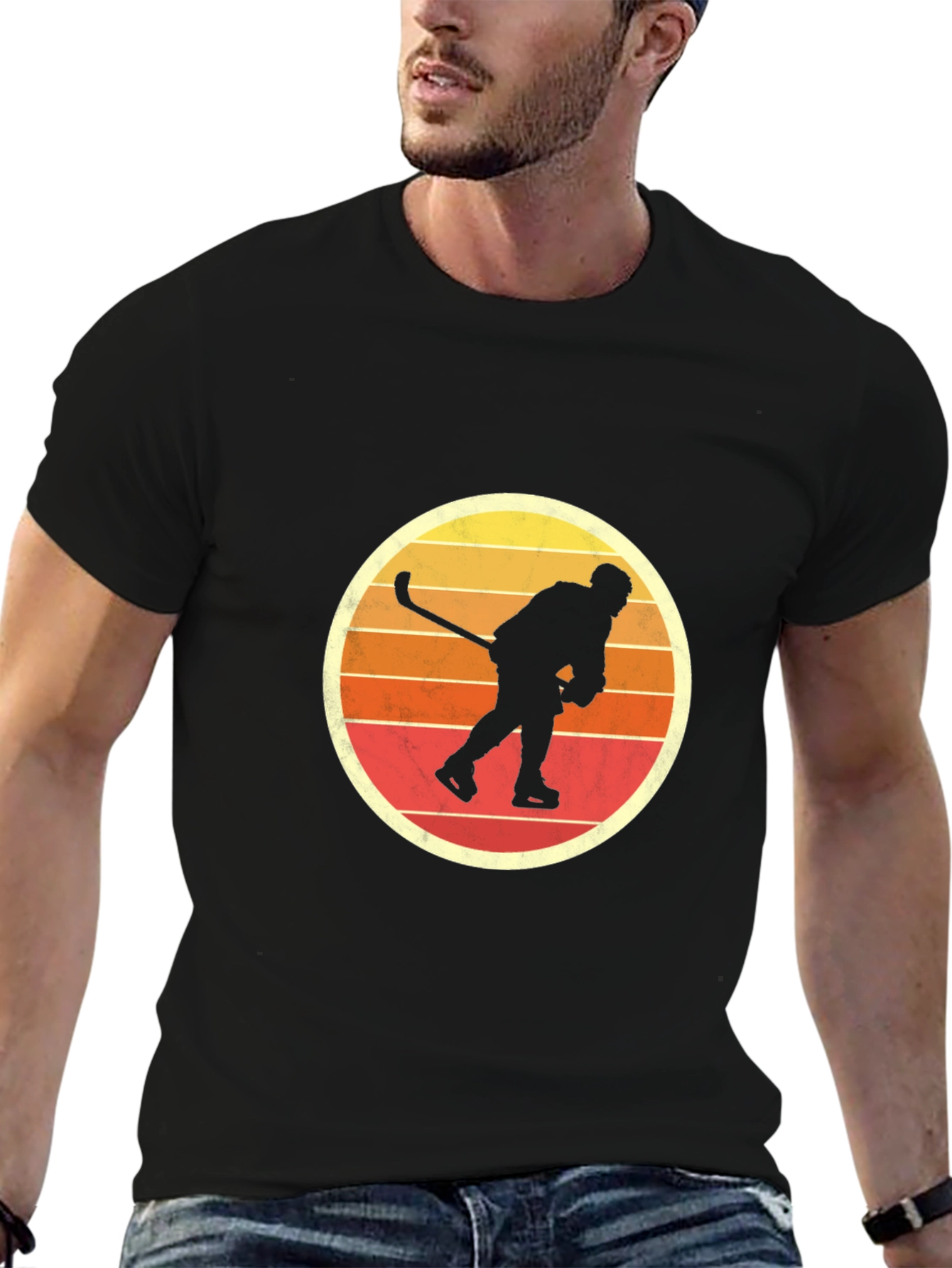 Black Retro Hockey Player Graphic T-Shirt - Vintage Style view 6