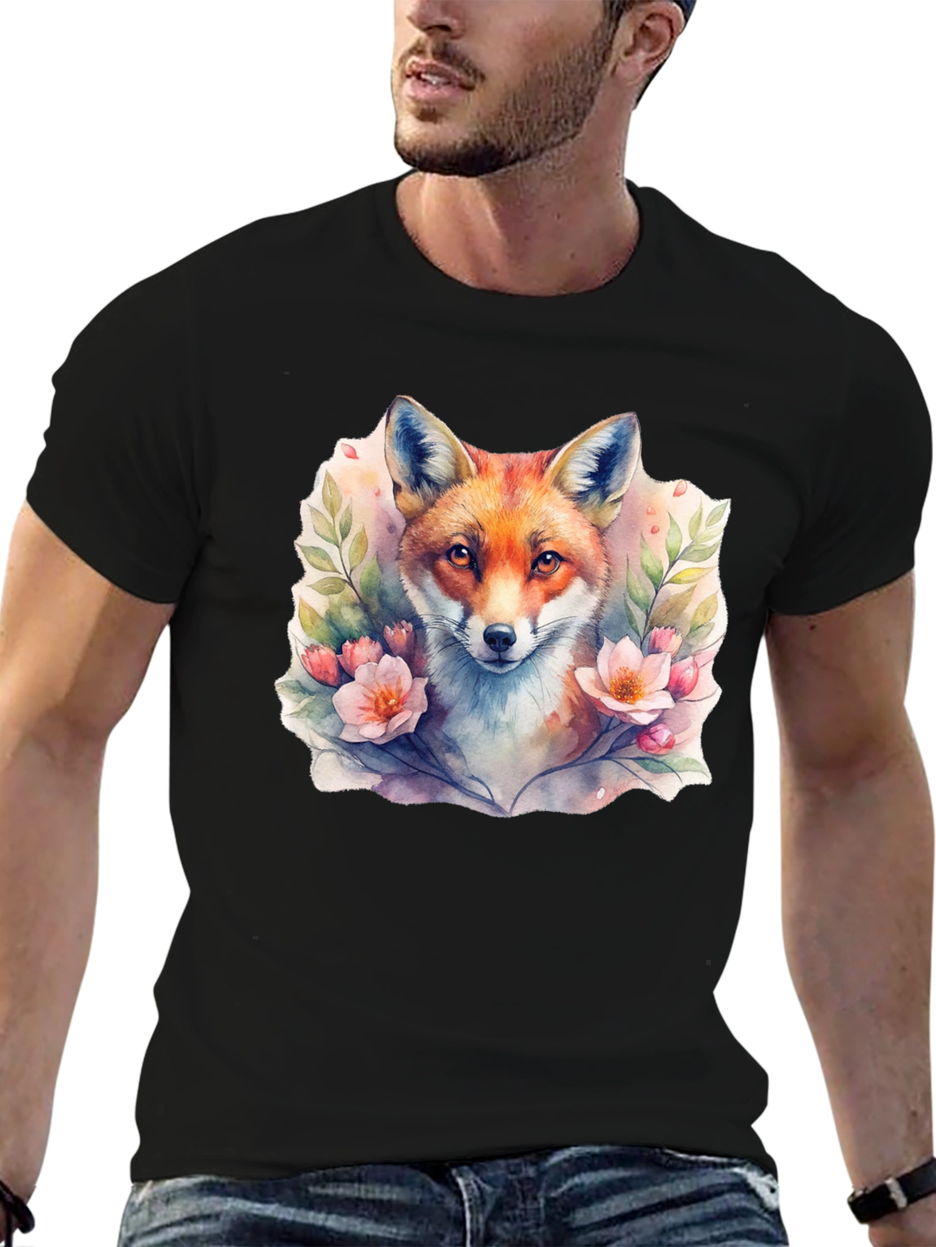 Black Fox Floral Watercolor Graphic Tee - Unisex Black T-Shirt view 6
