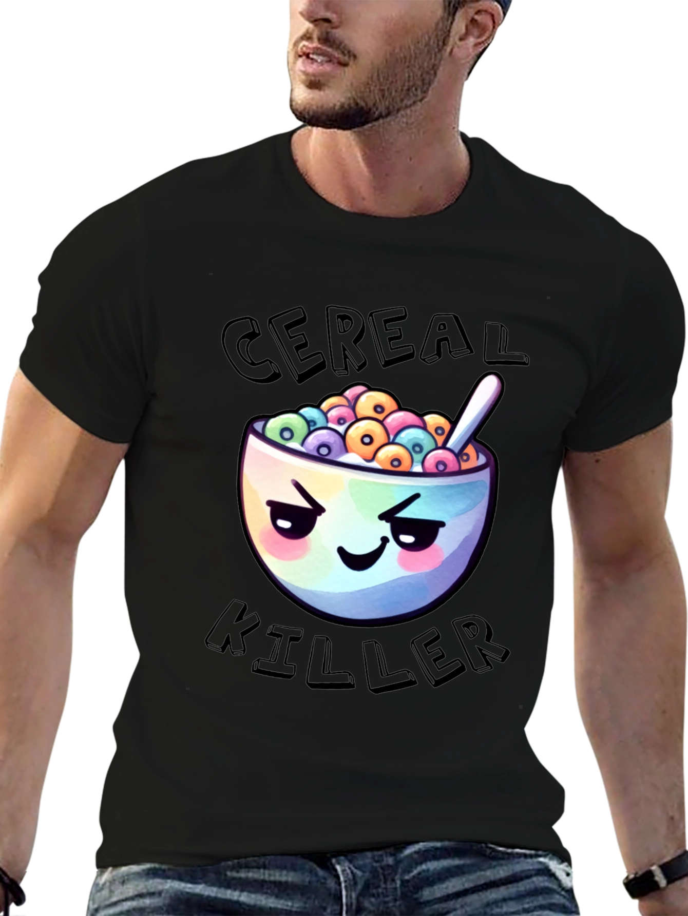 Black Cereal Killer Graphic T-Shirt - Funny Cartoon Tee view 6