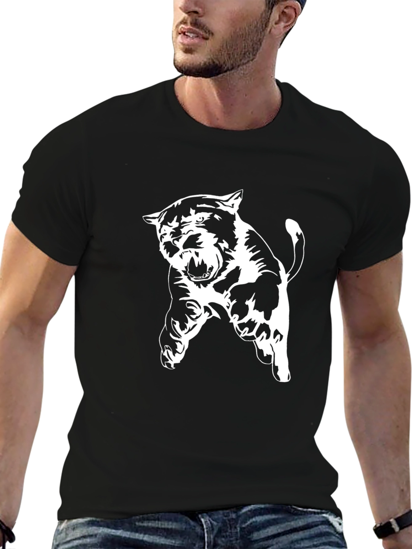 Black Black T-Shirt with Bold White Panther Design view 6