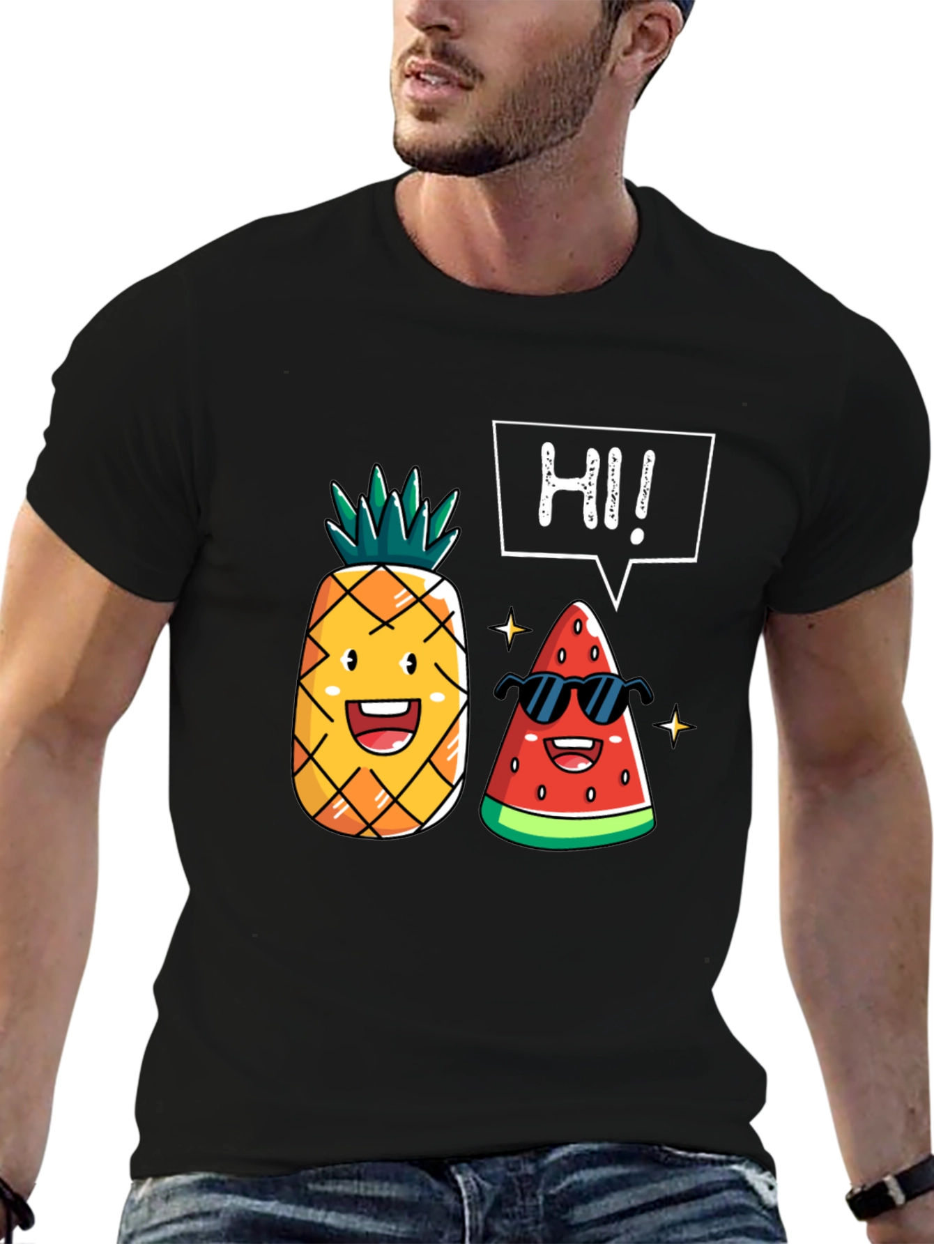 Black Funny Fruit T-Shirt: Pineapple & Watermelon Graphic Tee view 6