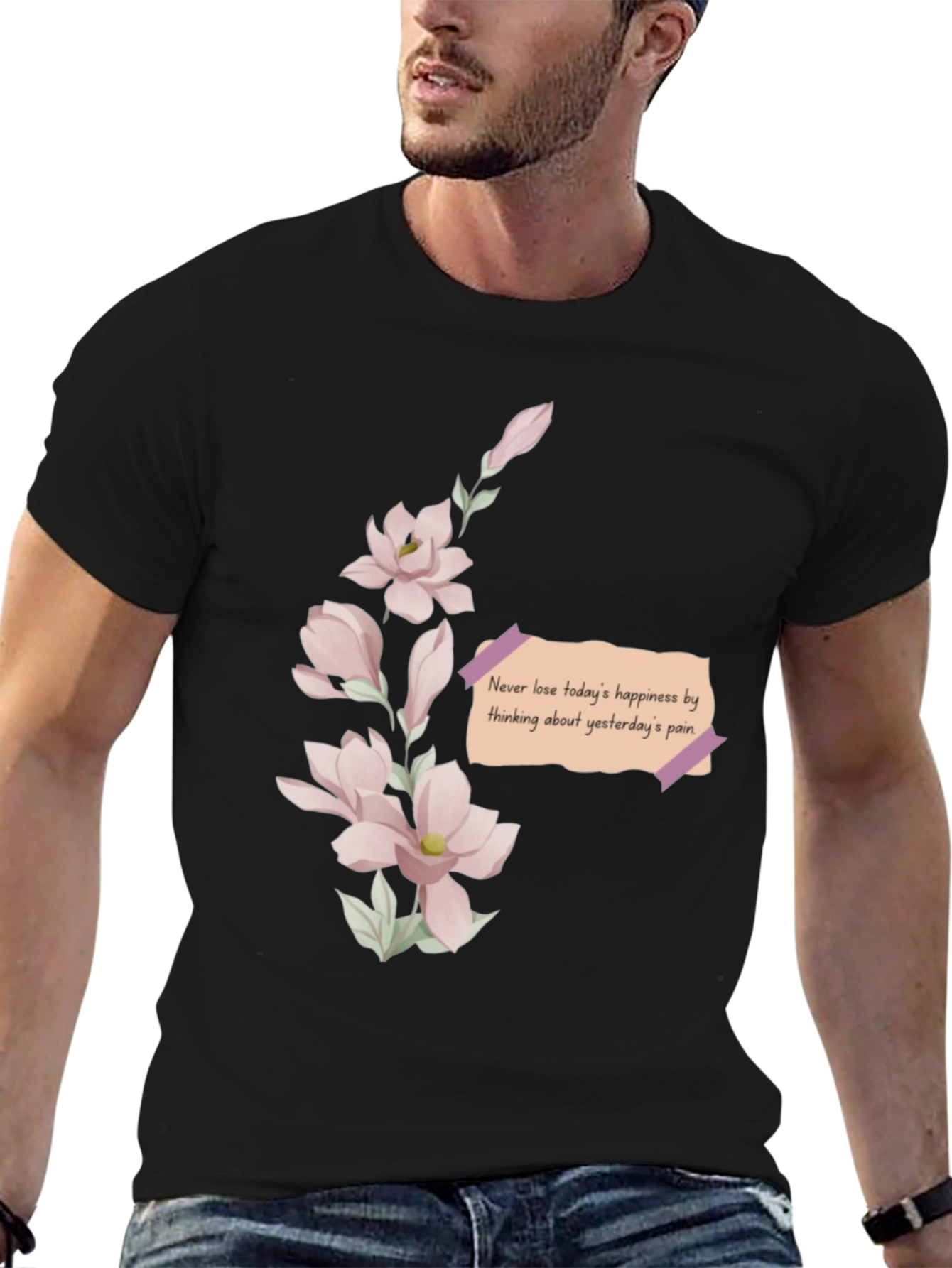 Black Floral Reminder T-Shirt - Never Lose Happiness view 6