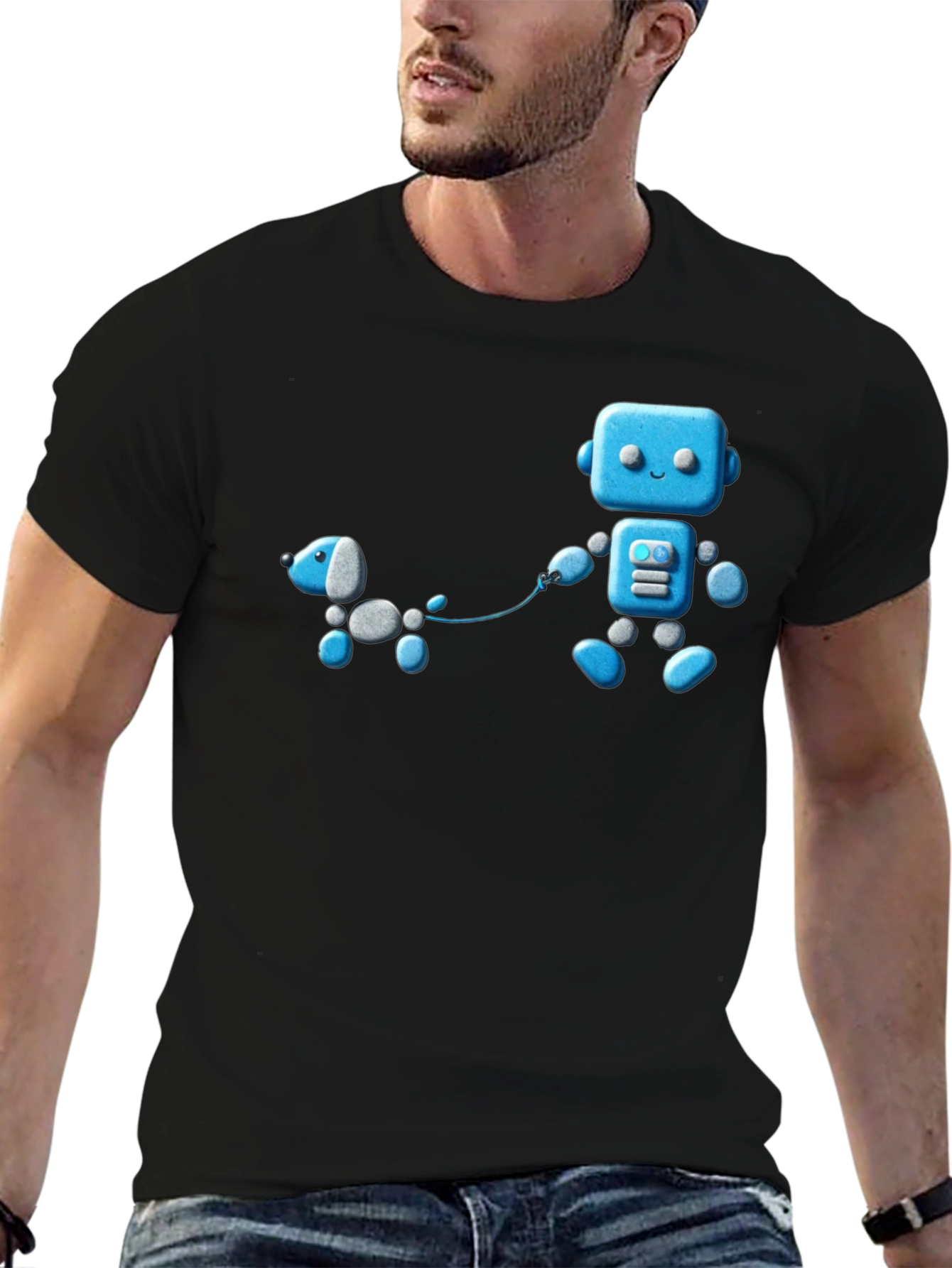 Black Robot and Dog Graphic T-Shirt - Unisex Black Tee view 6