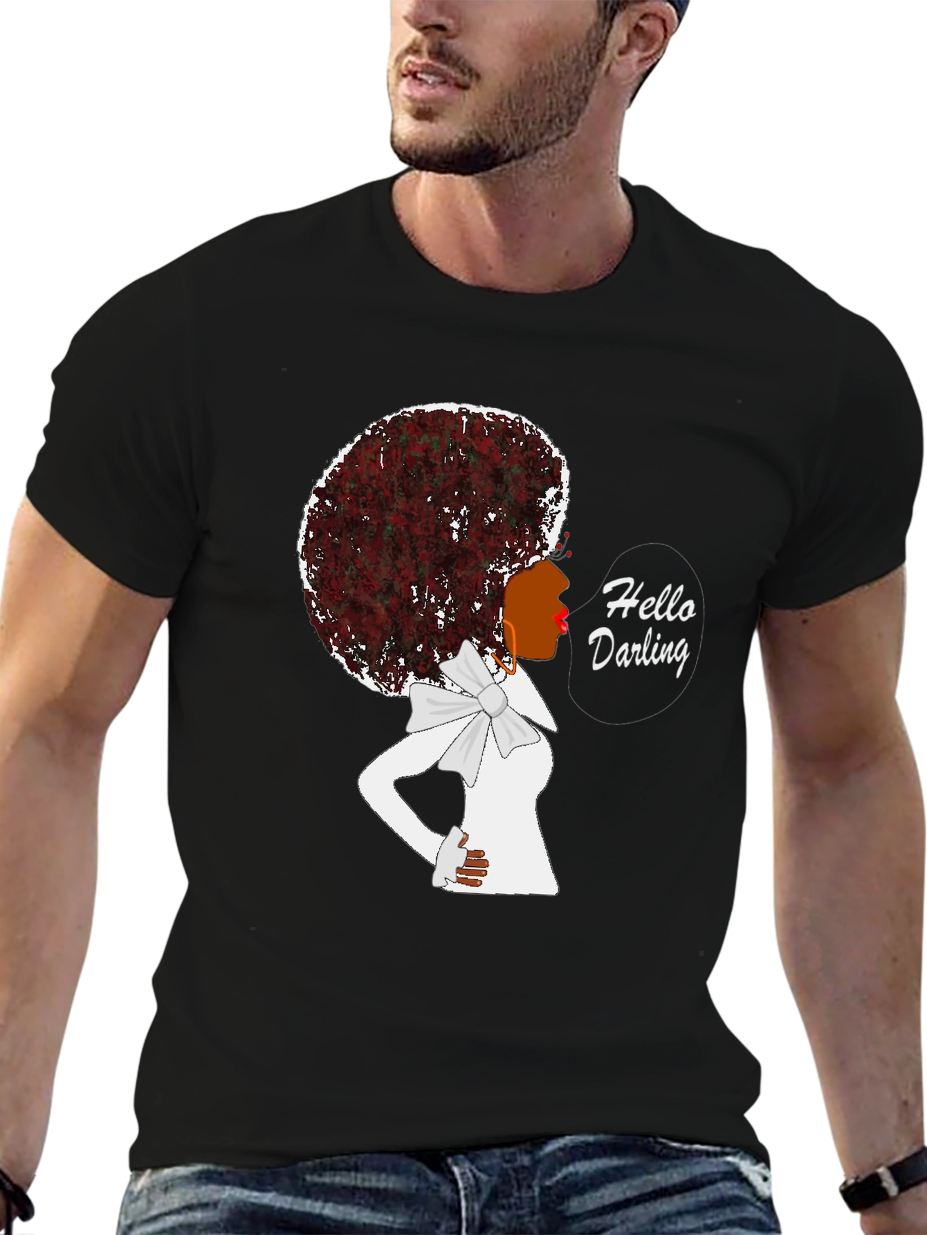 Black Afro Woman 'Hello Darling' Black T-Shirt view 6