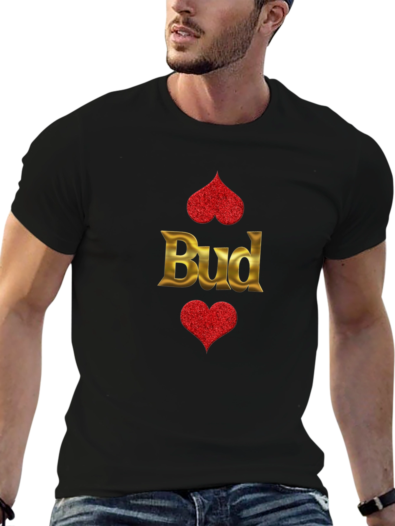 Black Bud T-Shirt - Gold Lettering, Red Hearts view 6